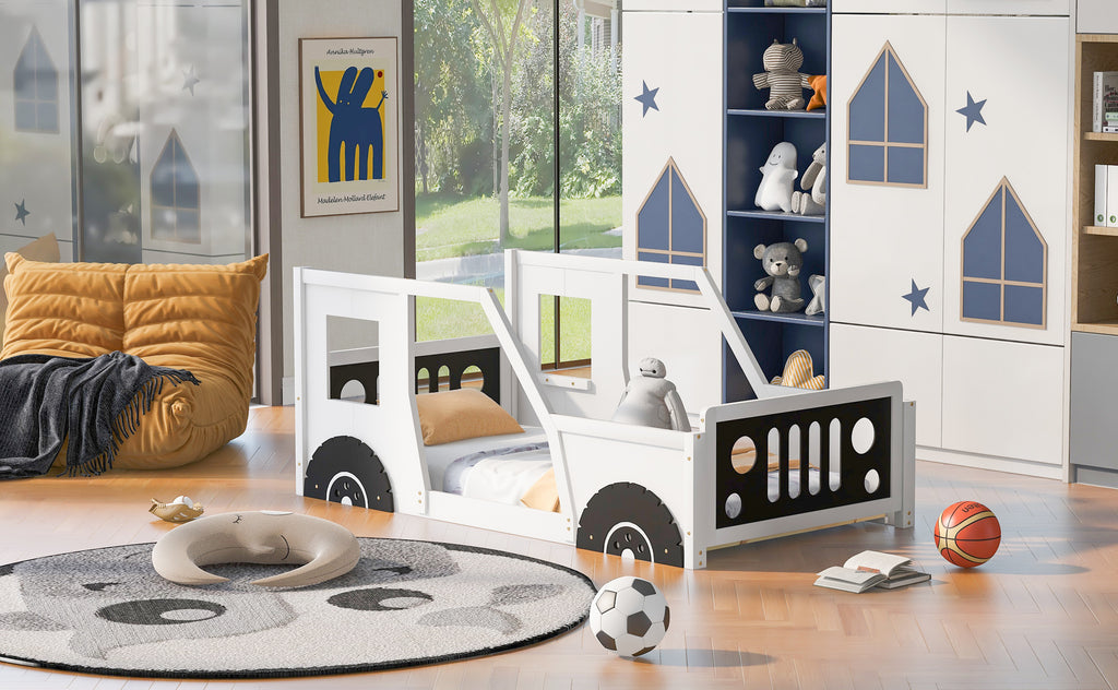 Twin Size Classic Car-Shaped Platform Bed with Wheels