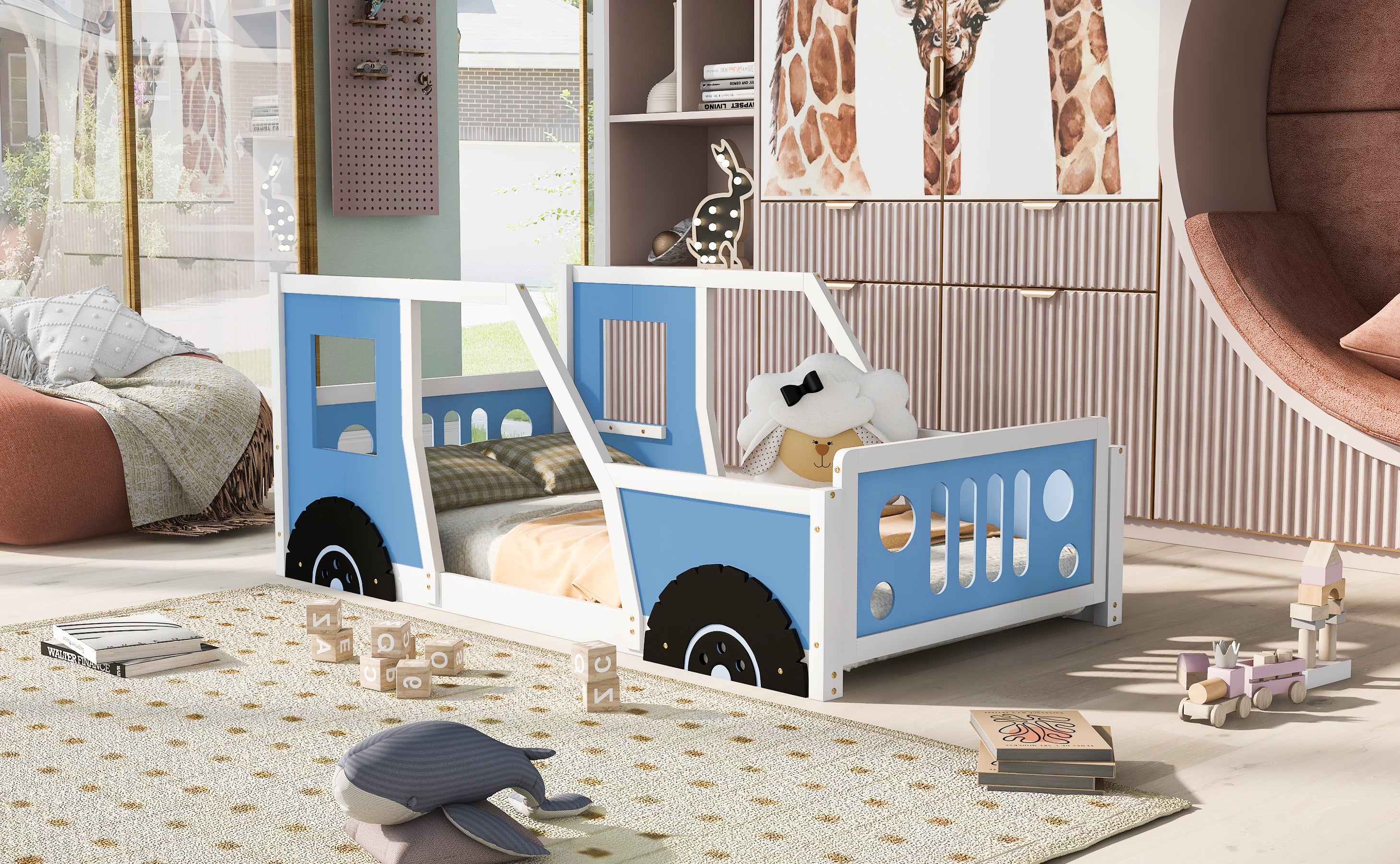 Twin Size Classic Car-Shaped Platform Bed with Wheels