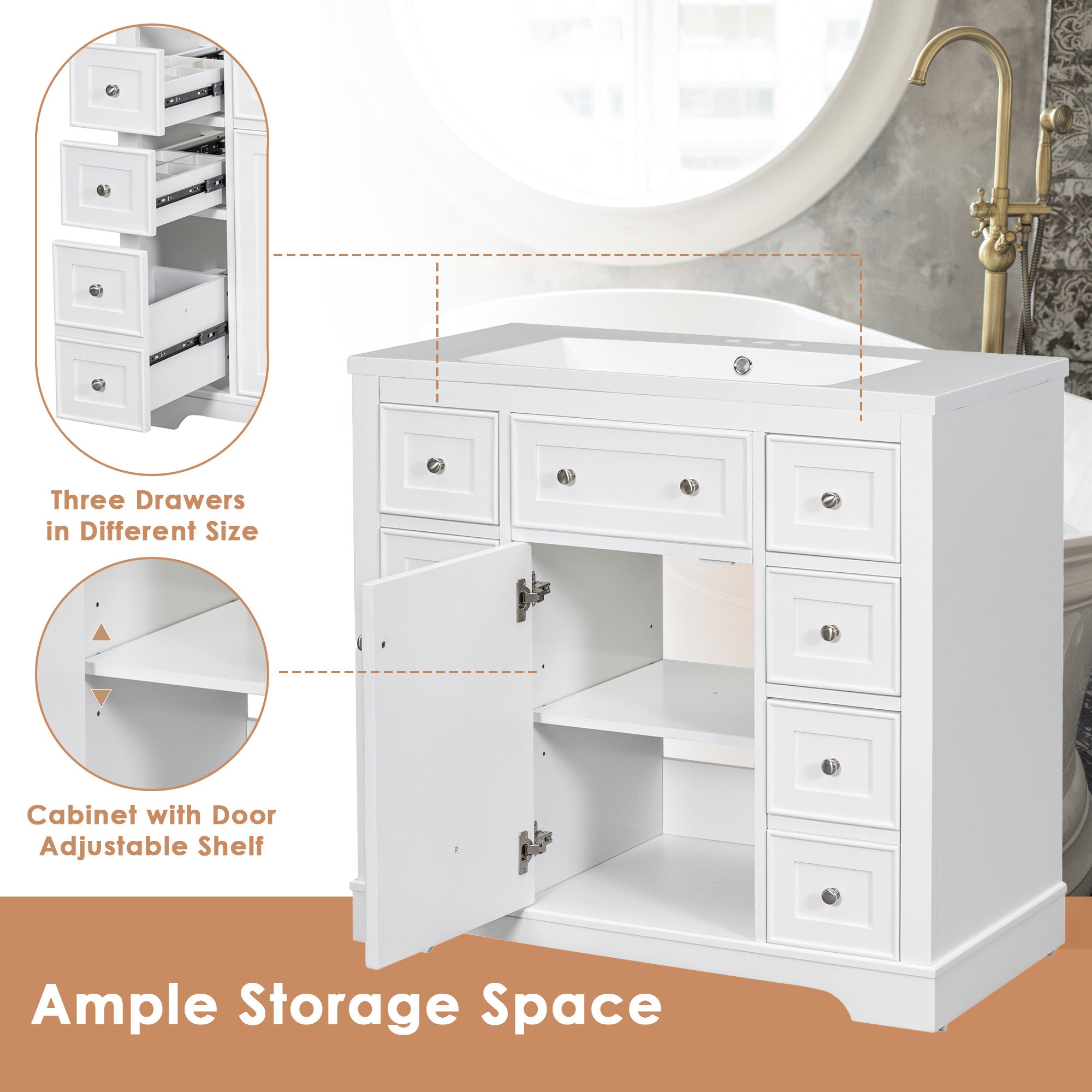 36" Bathroom Vanity without Sink, Cabinet Base Only