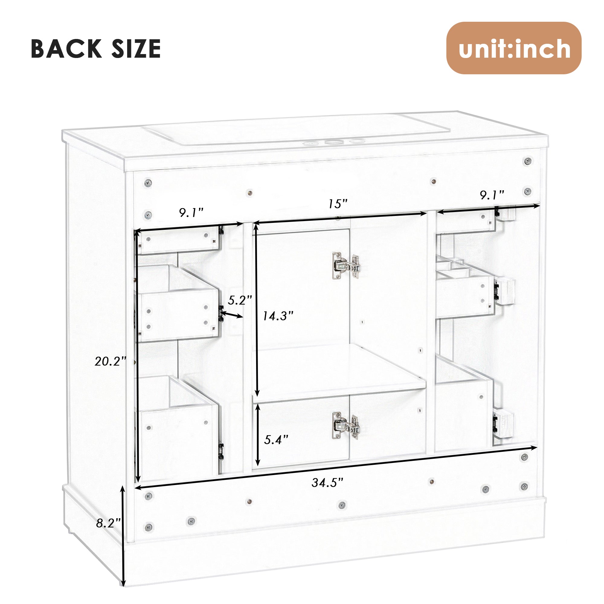 36" Bathroom Vanity without Sink, Cabinet Base Only
