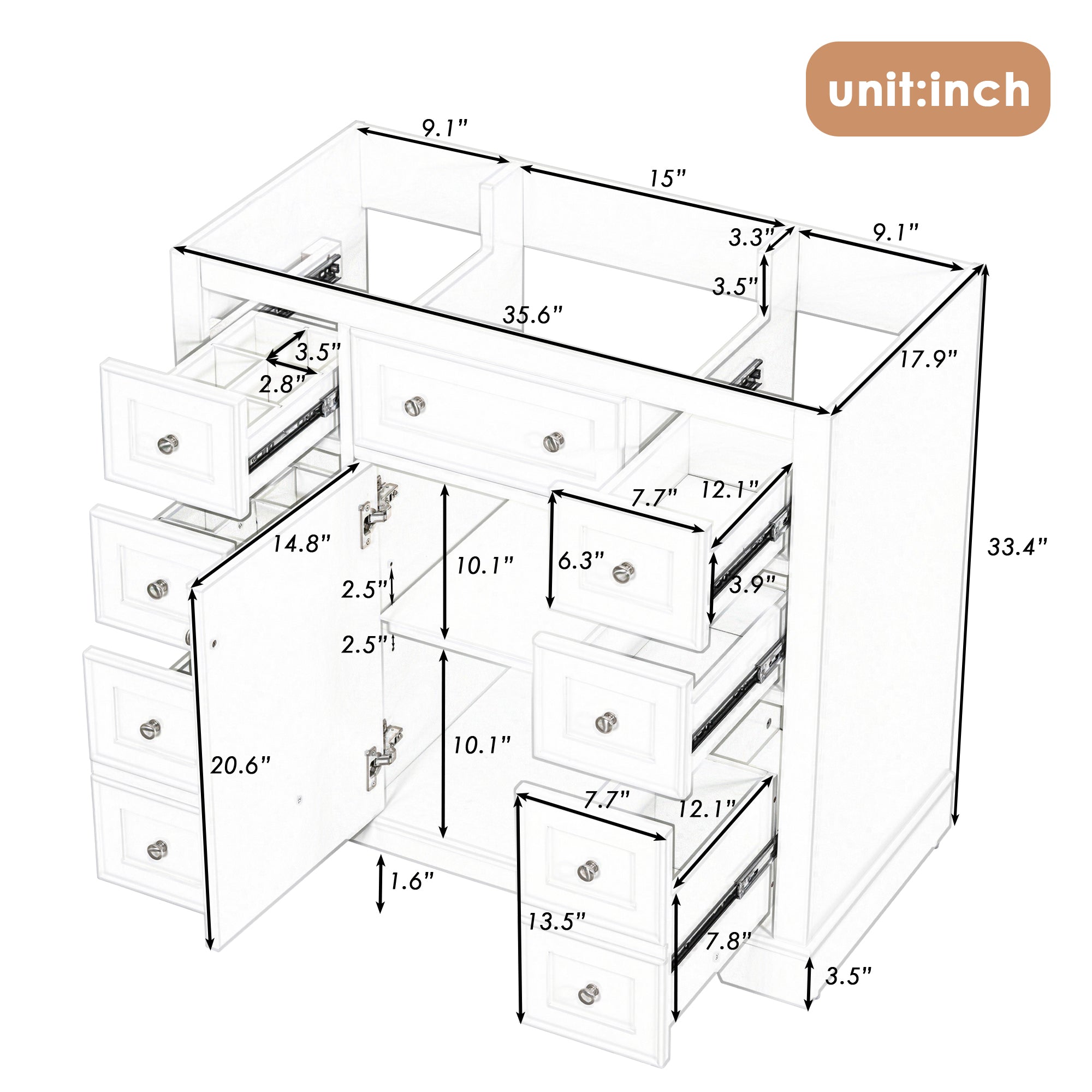 36" Bathroom Vanity without Sink, Cabinet Base Only