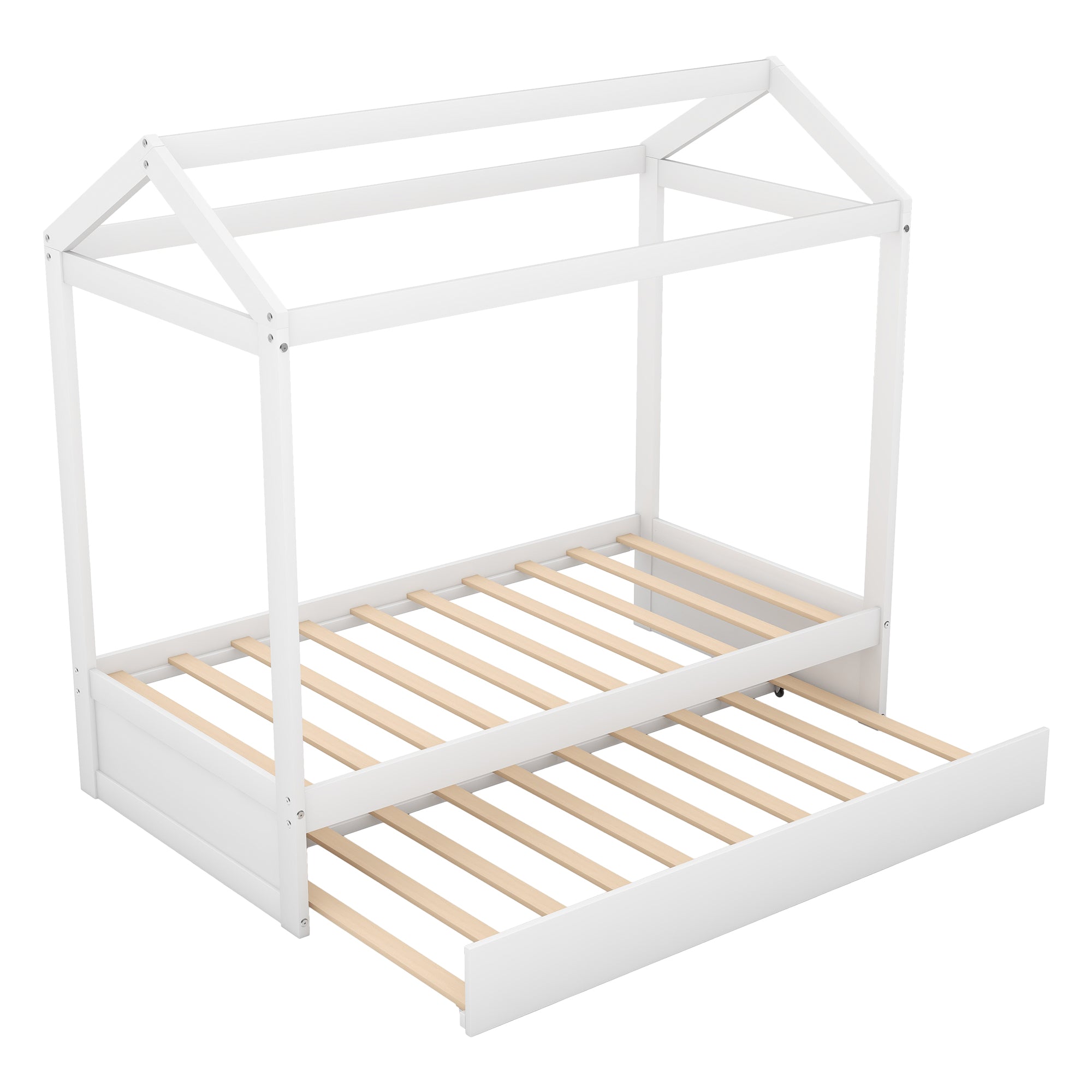House Bed with Trundle - White, Customizable Design