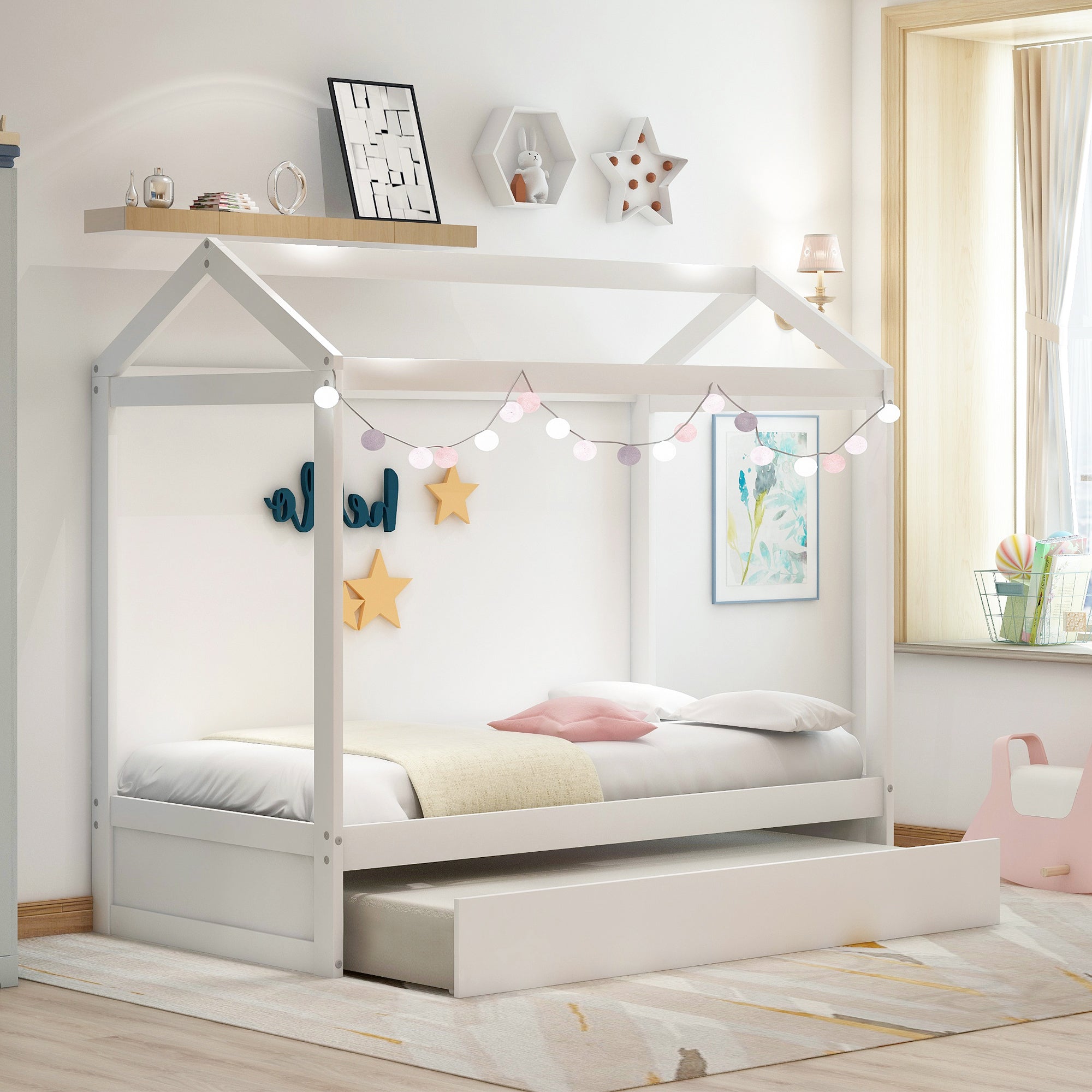 House Bed with Trundle - White, Customizable Design