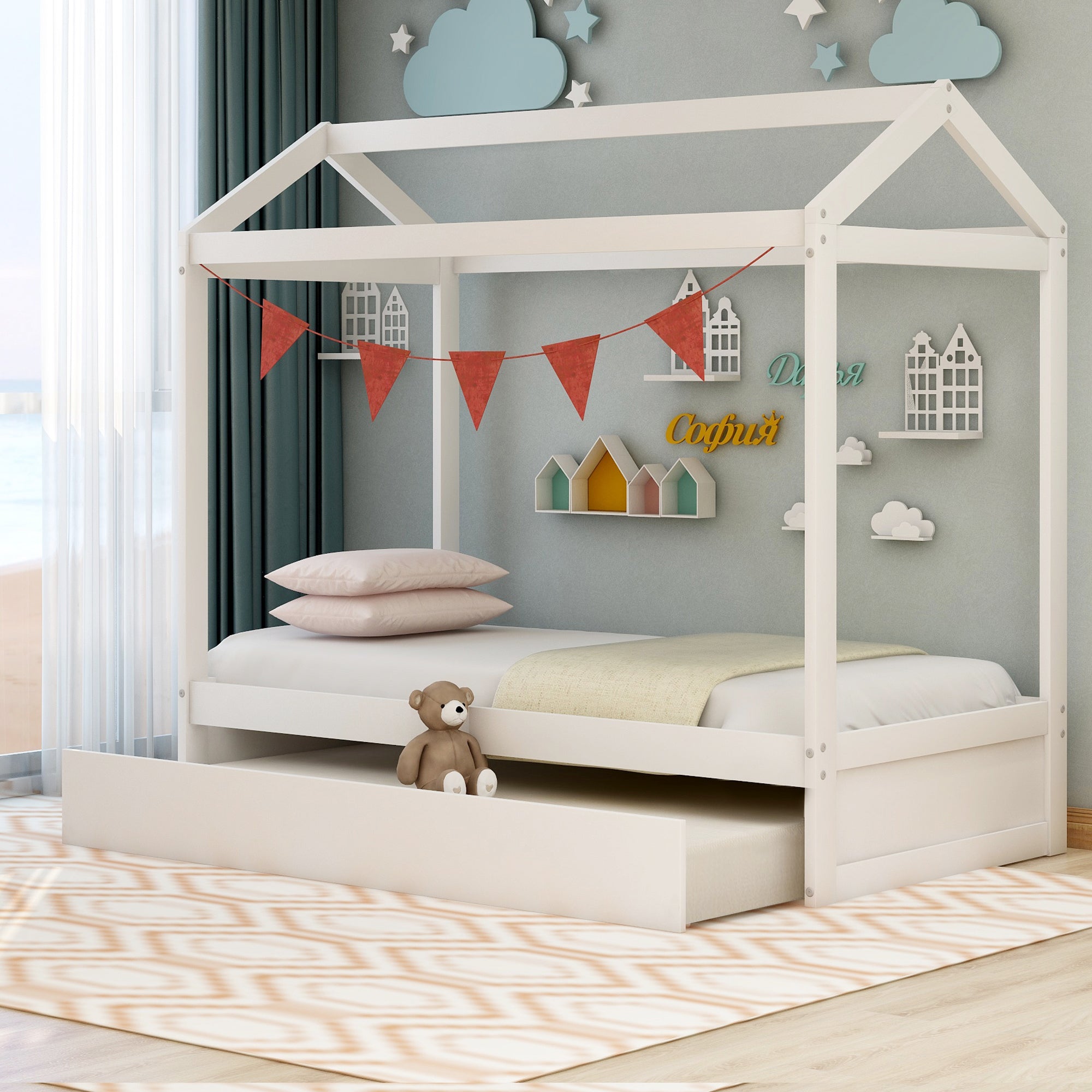 House Bed with Trundle - White, Customizable Design