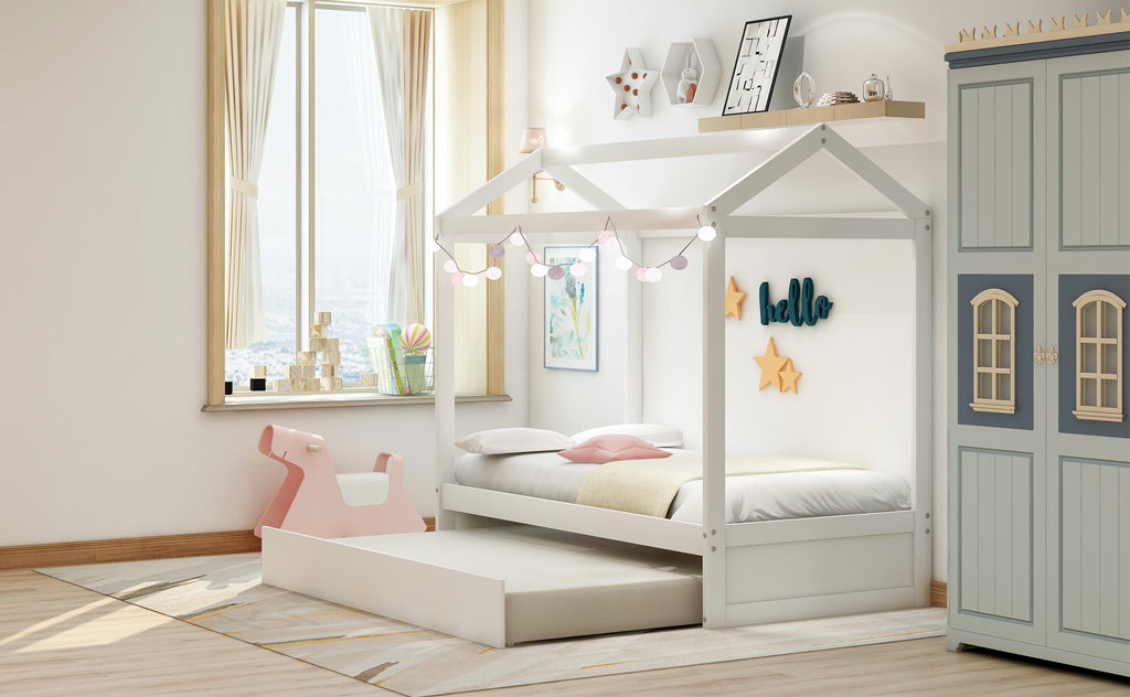 House Bed with Trundle - White, Customizable Design