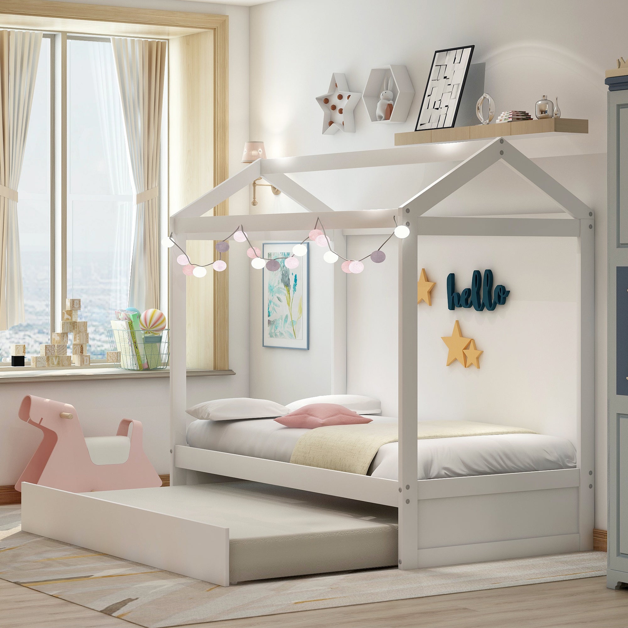 House Bed with Trundle - White, Customizable Design