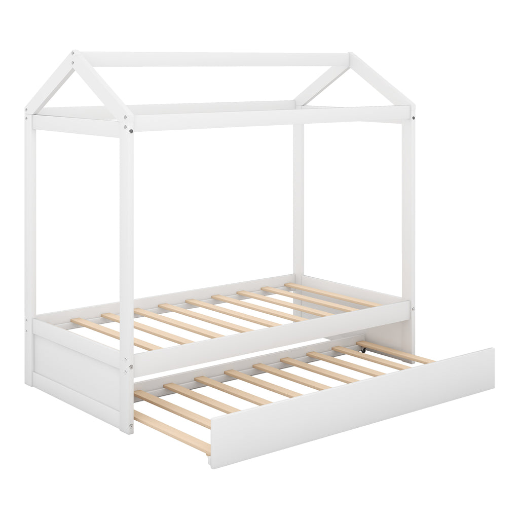 House Bed with Trundle - White, Customizable Design