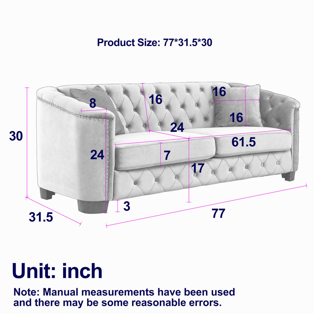 77-Inch Modern Chesterfield Velvet Sofa