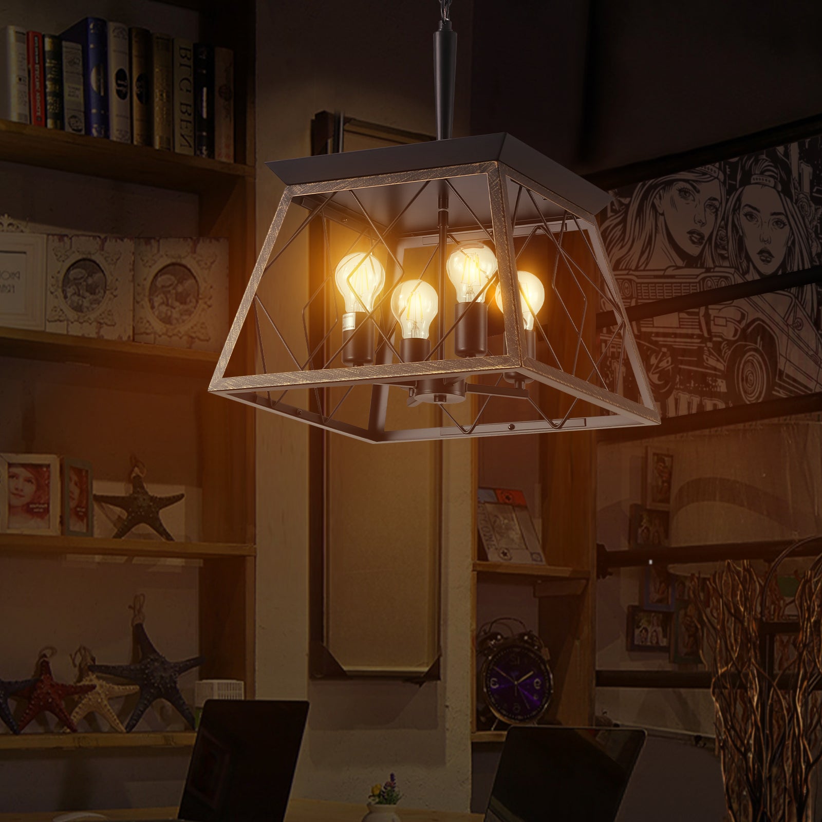 16" Black Gold Industrial 4-Light Pendant Chandelier
