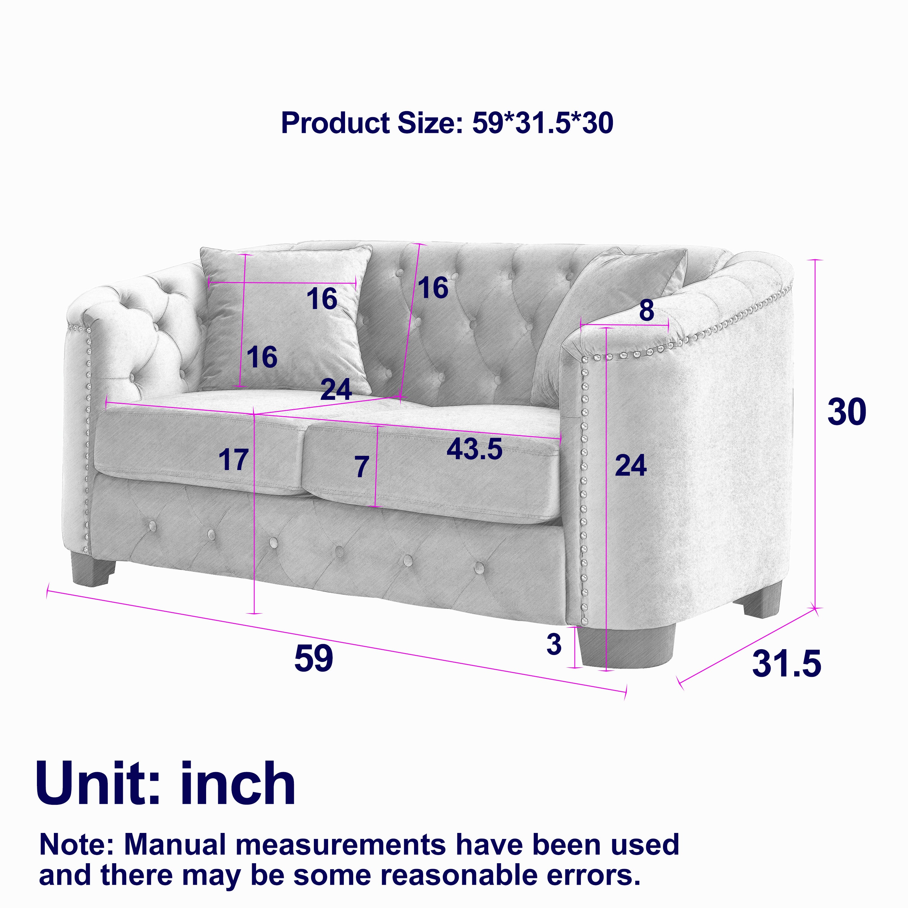 59-Inch Modern Chesterfield Velvet Sofa