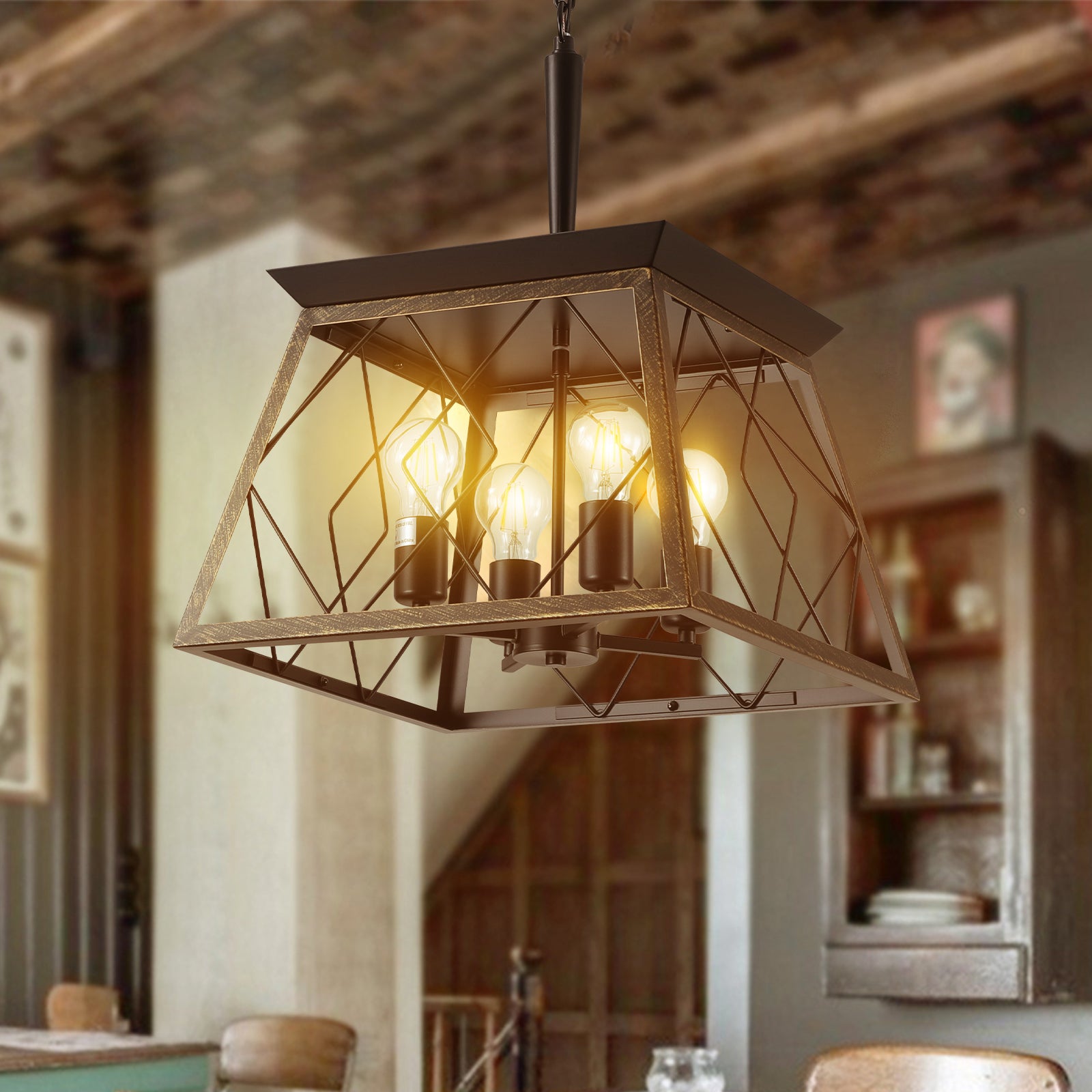 16" Black Gold Industrial 4-Light Pendant Chandelier