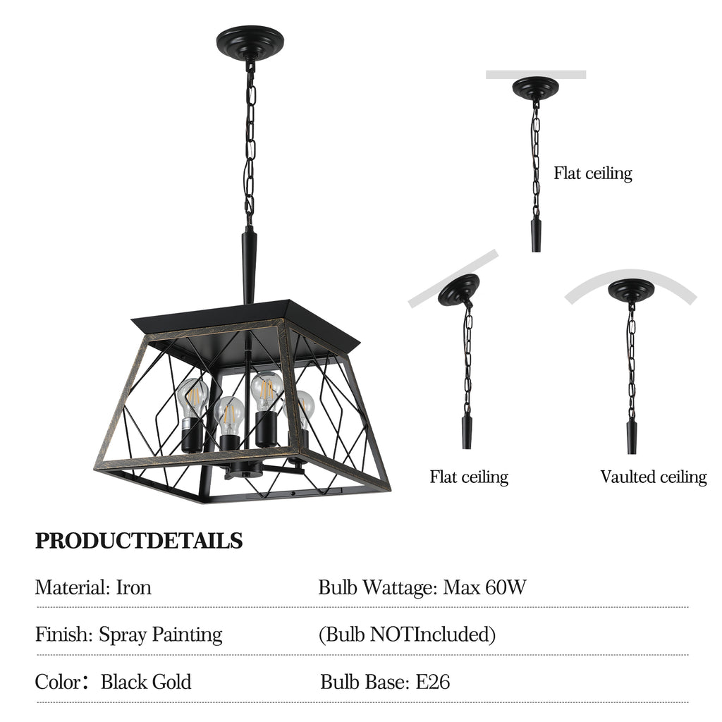 16" Black Gold Industrial 4-Light Pendant Chandelier