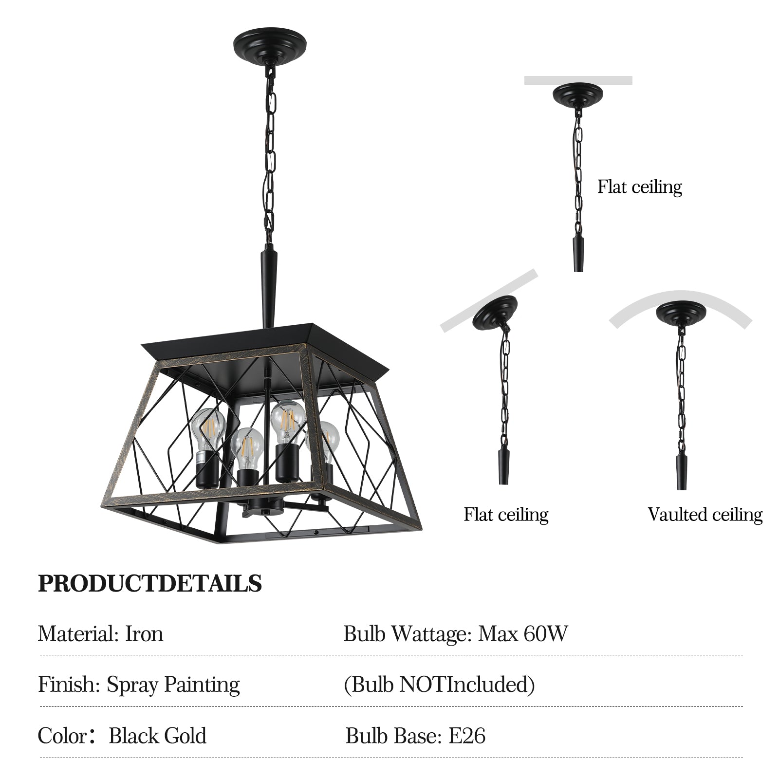 16" Black Gold Industrial 4-Light Pendant Chandelier