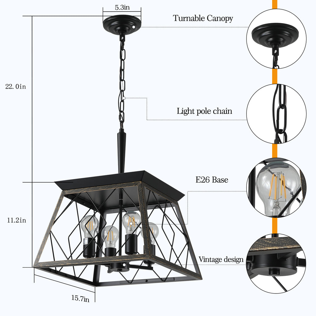 16" Black Gold Industrial 4-Light Pendant Chandelier