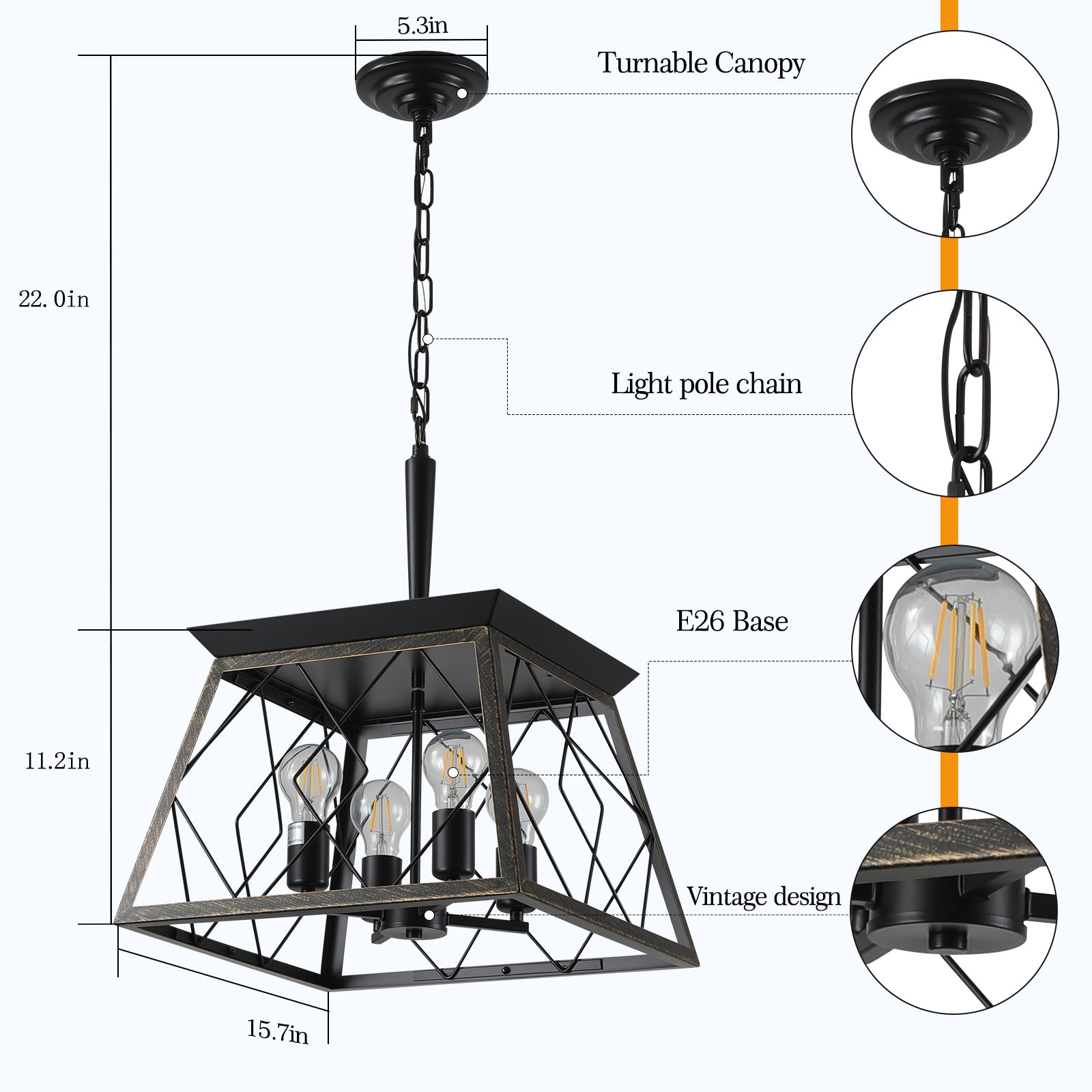 16" Black Gold Industrial 4-Light Pendant Chandelier
