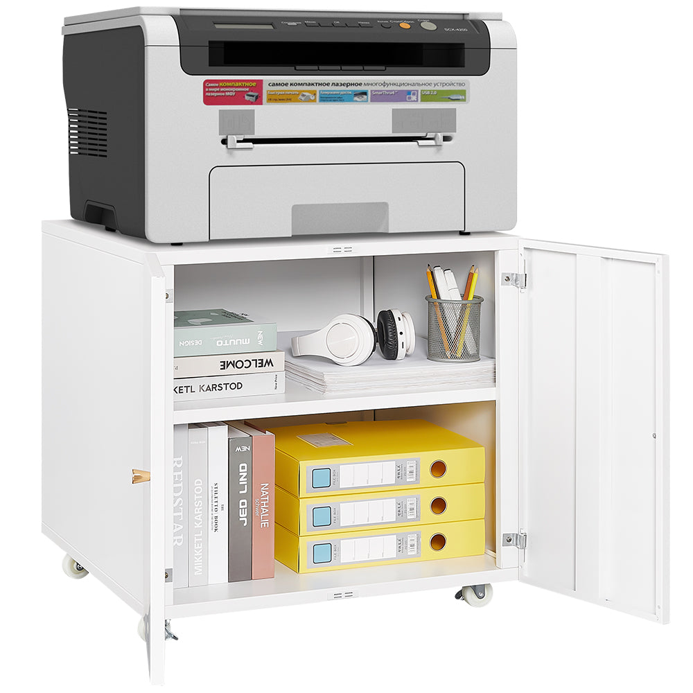 White Mobile Metal Printer Stand With Storage