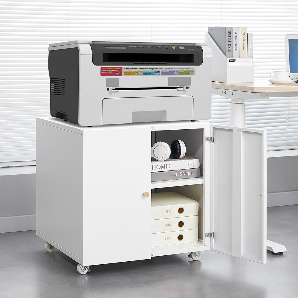 White Mobile Metal Printer Stand With Storage