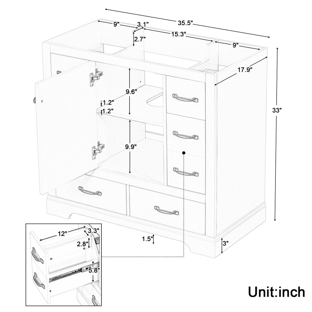 36" Bathroom Vanity without Sink, Cabinet Base Only