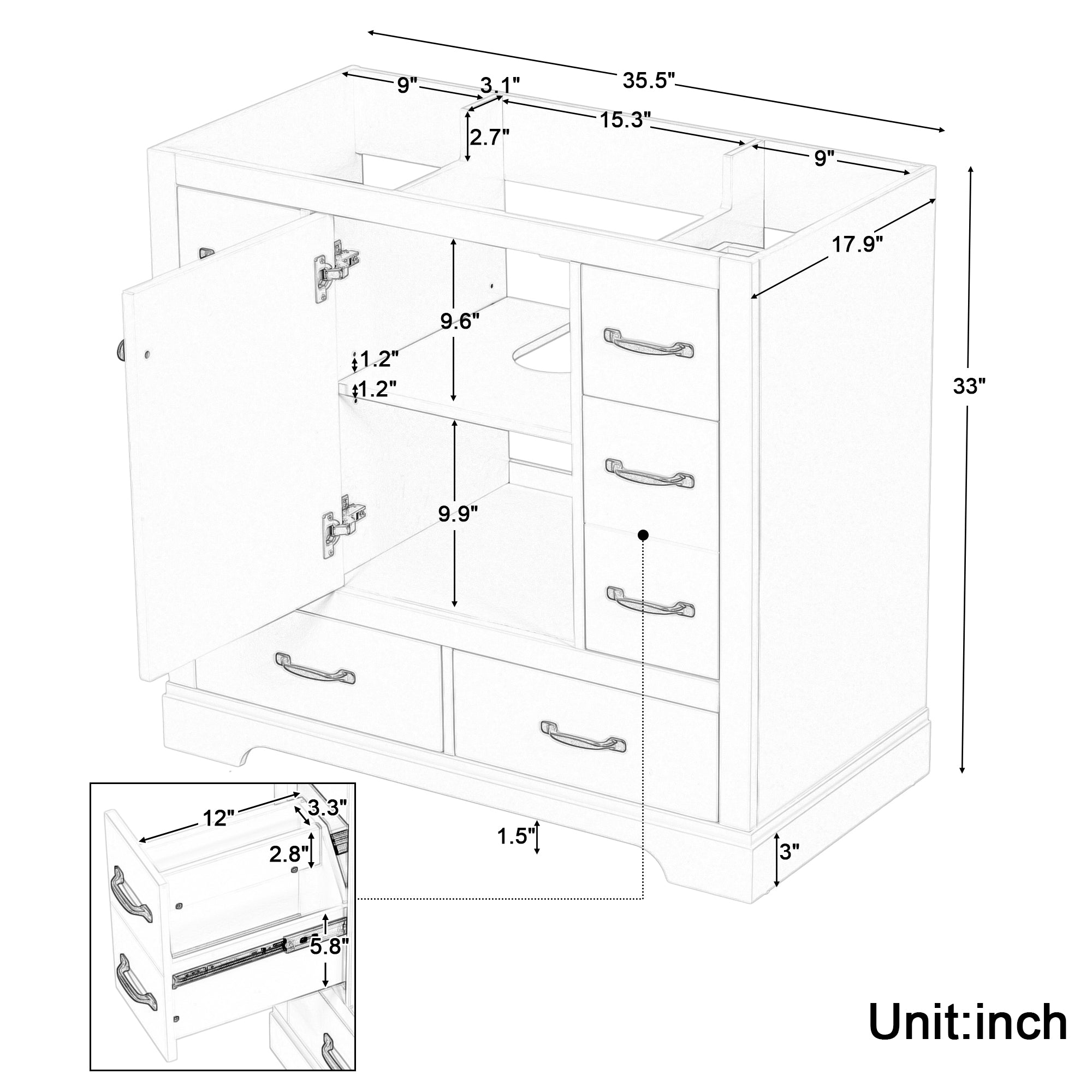 36" Bathroom Vanity without Sink, Cabinet Base Only