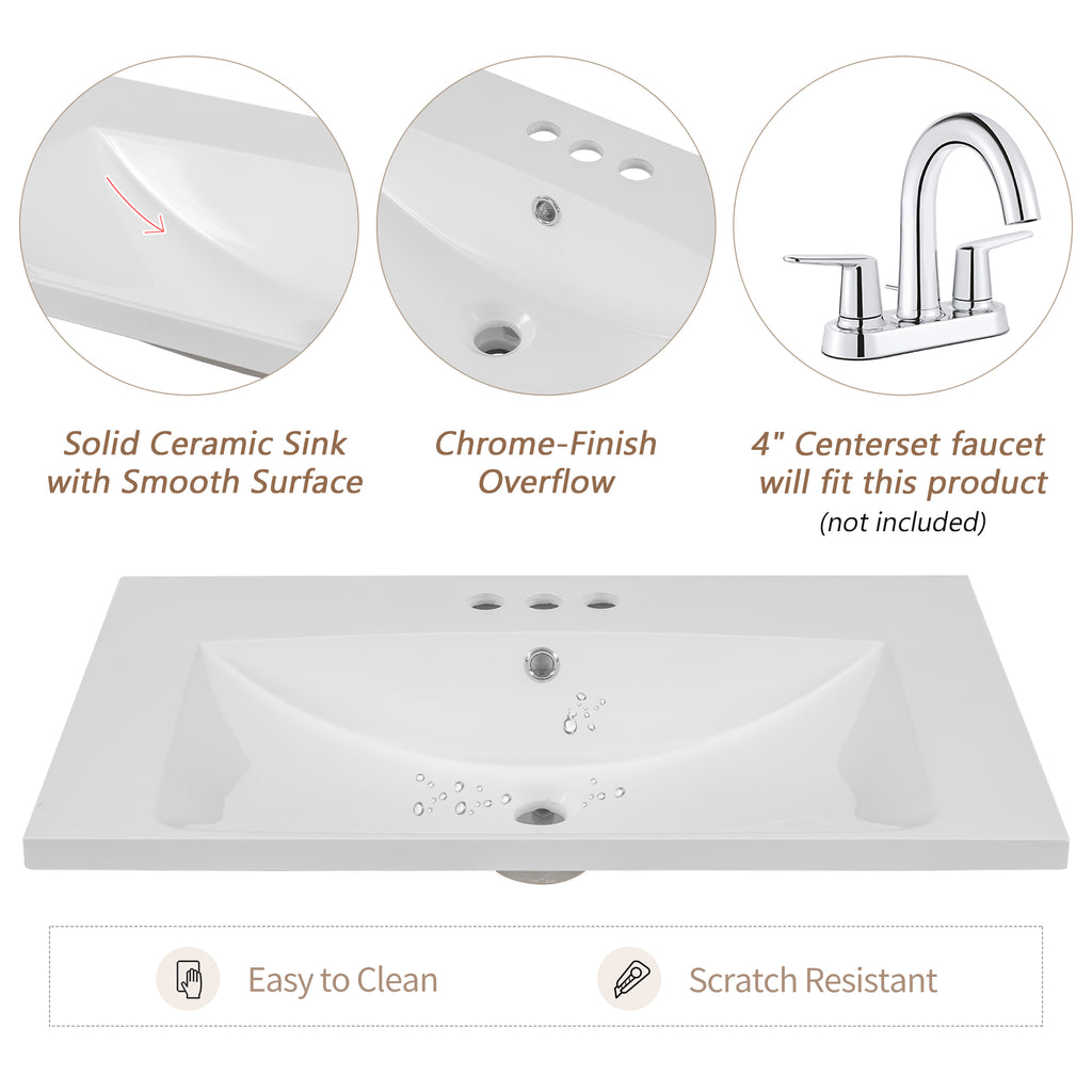 30" Single Bathroom Vanity Top with Ceramic