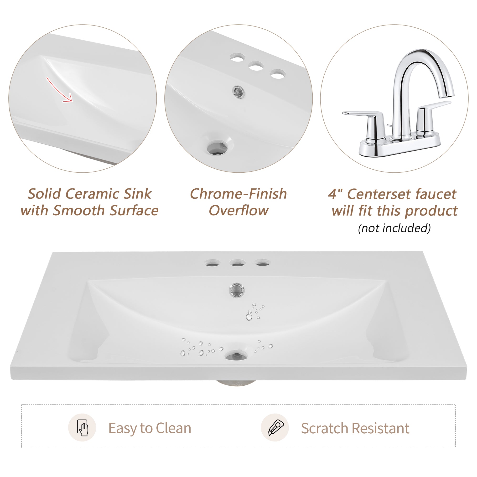 30" Single Bathroom Vanity Top with Ceramic