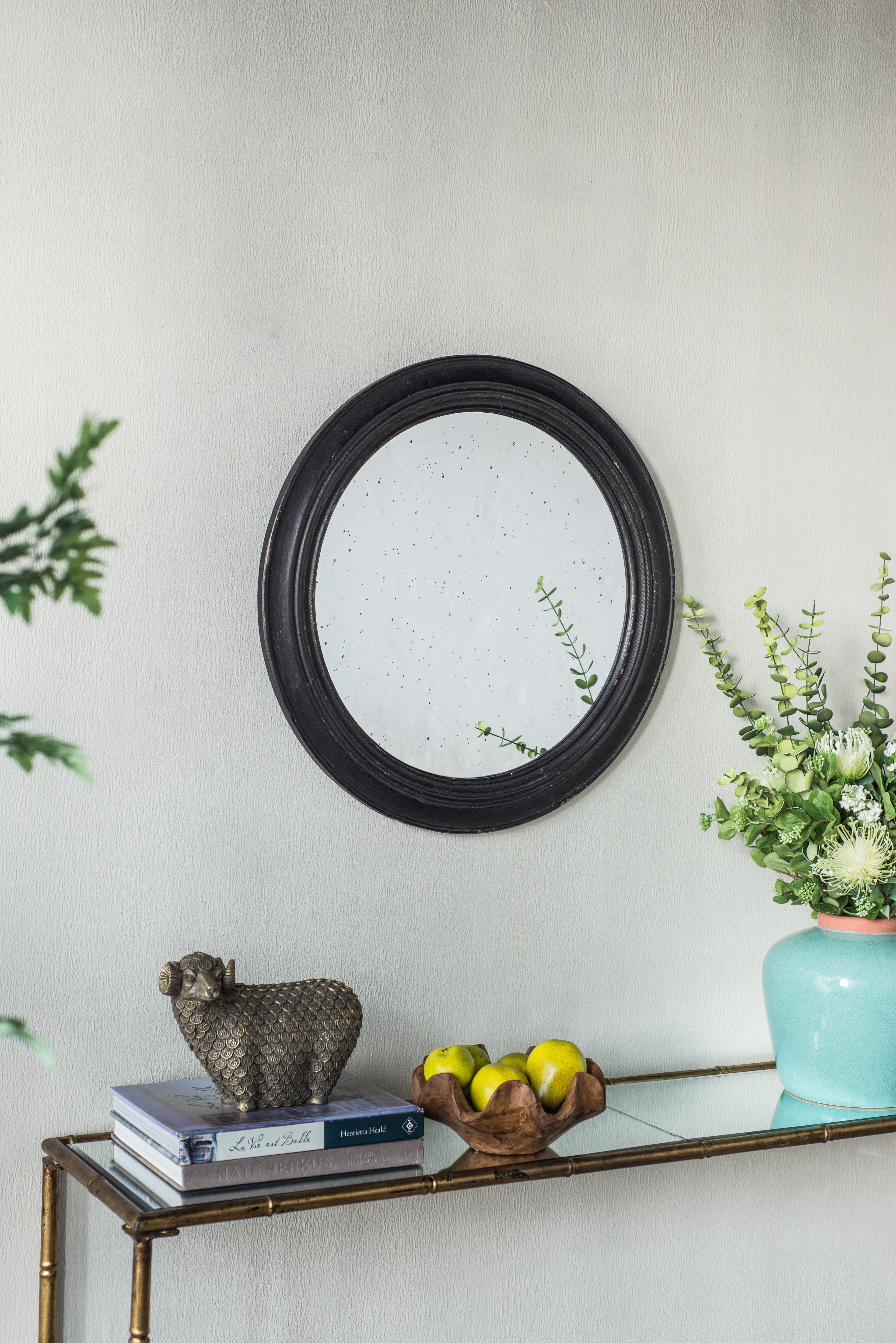 23.5" Circle Wall Mirror with Wooden Frame