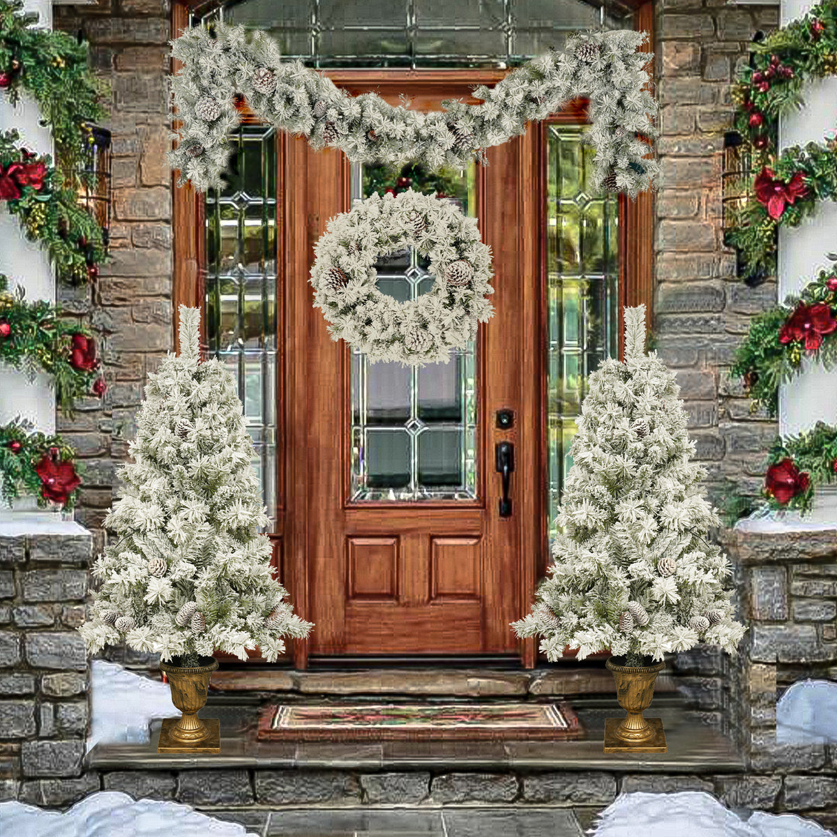 Pre-Lit Artificial Christmas 4-Piece Set with LED Lights, Green