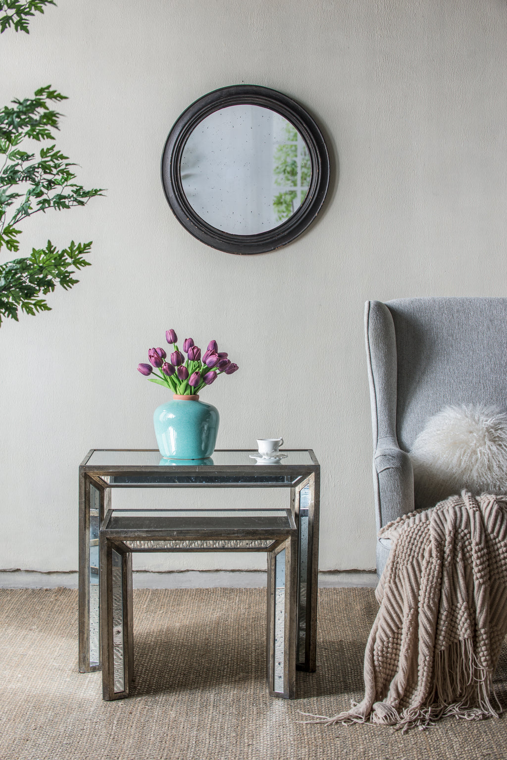 23.5" Circle Wall Mirror with Wooden Frame