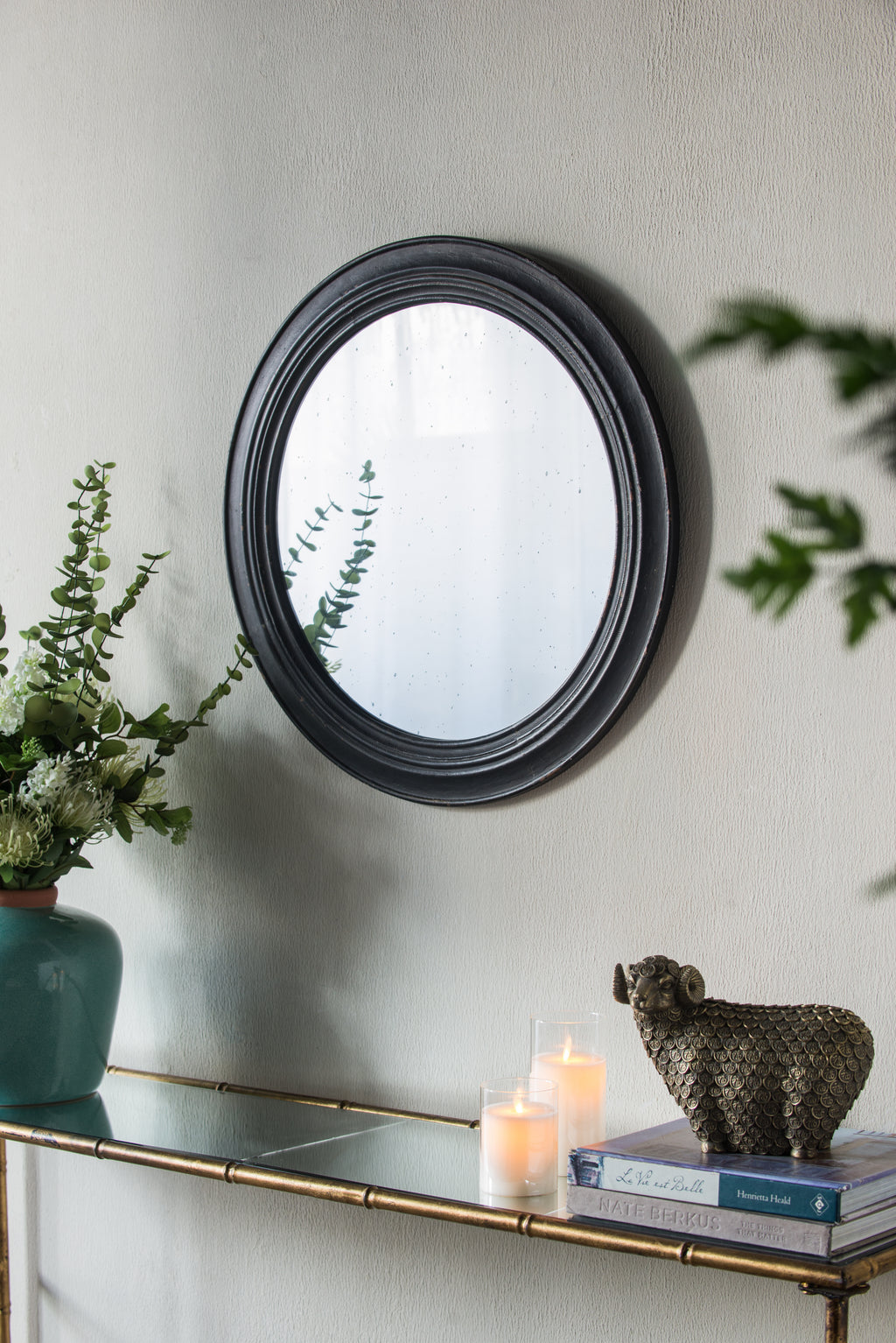 23.5" Circle Wall Mirror with Wooden Frame