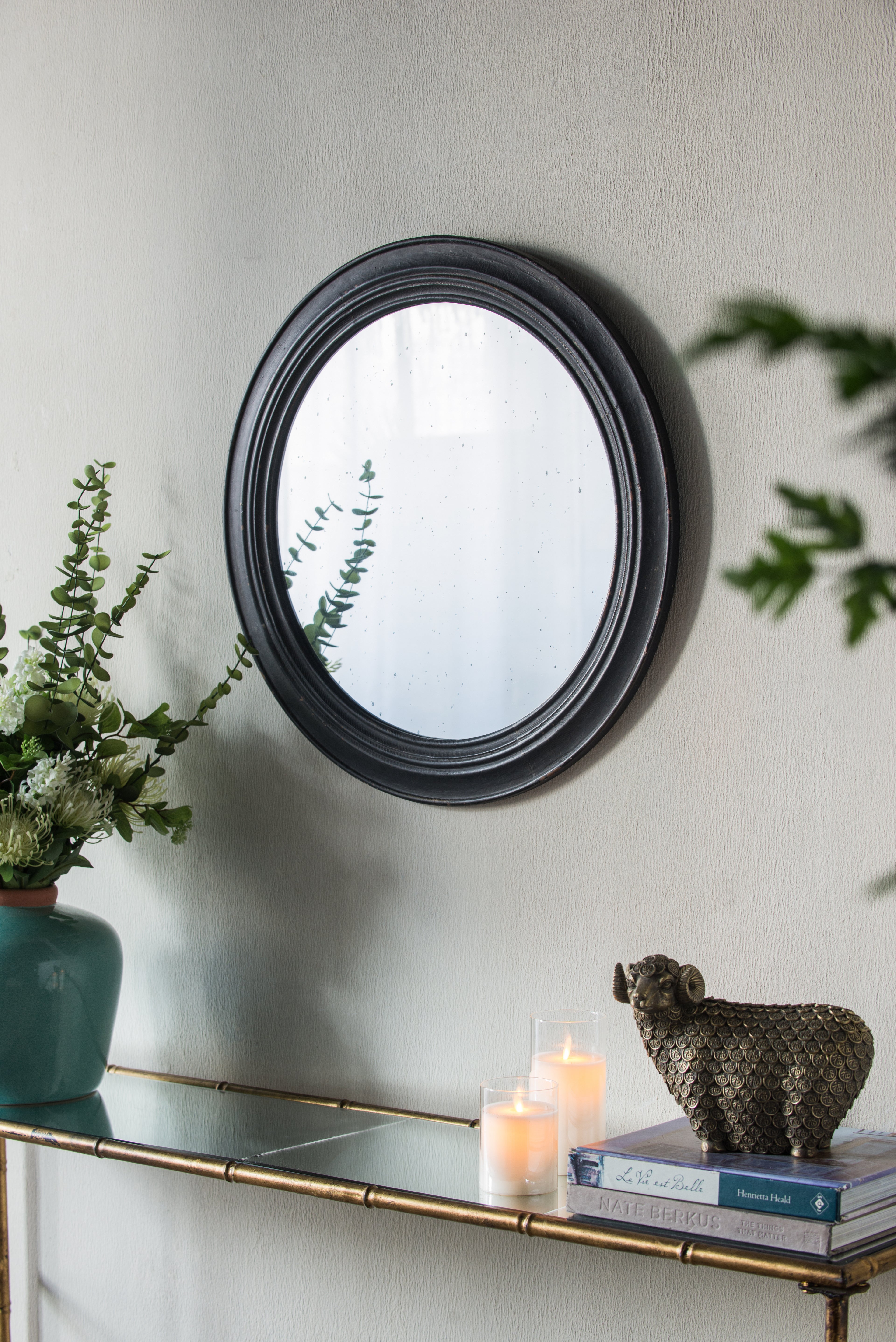 23.5" Circle Wall Mirror with Wooden Frame
