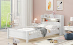 Wood Twin Size Platform Bed with Built-in LED Light, Storage Headboard and Guardrail