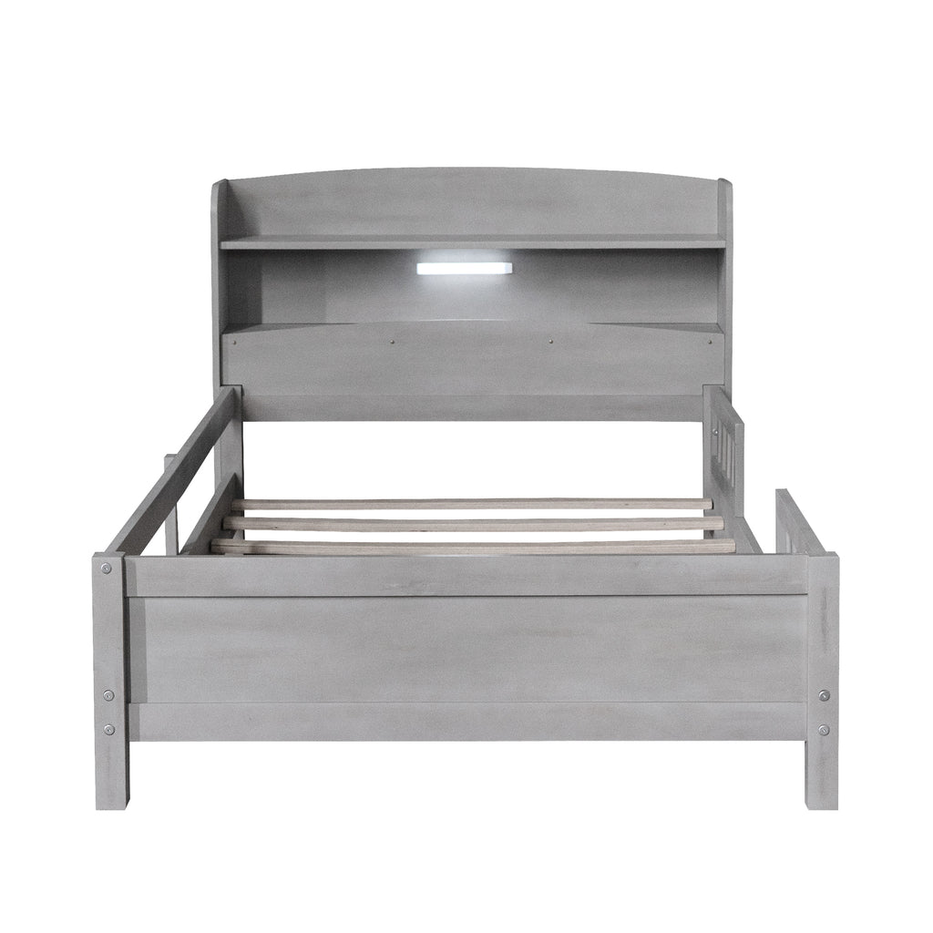 Wood Twin Size Platform Bed with Built-in LED Light, Storage Headboard and Guardrail, Antique