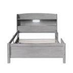 Wood Twin Size Platform Bed with Built-in LED Light, Storage Headboard and Guardrail, Antique