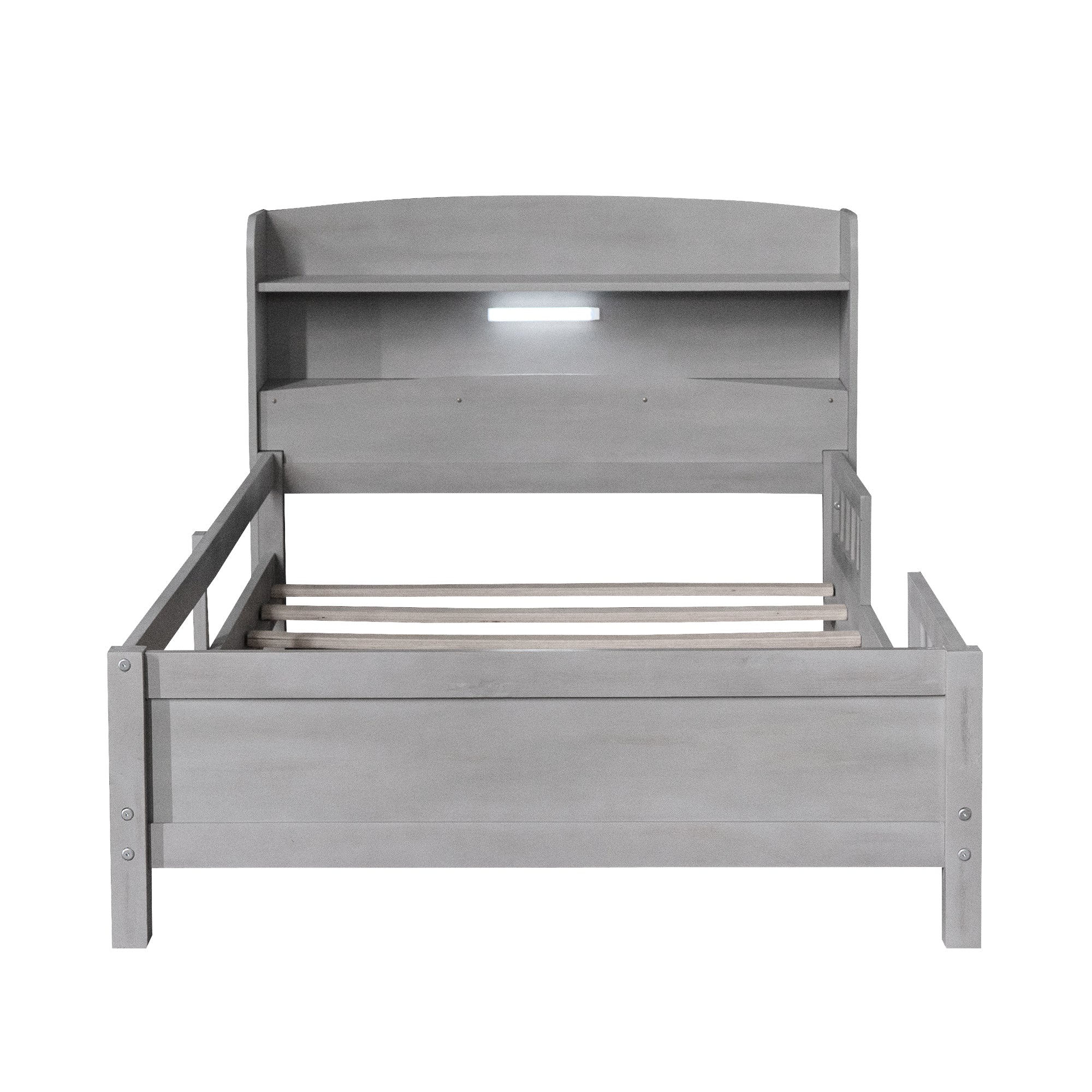 Wood Twin Size Platform Bed with Built-in LED Light, Storage Headboard and Guardrail, Antique