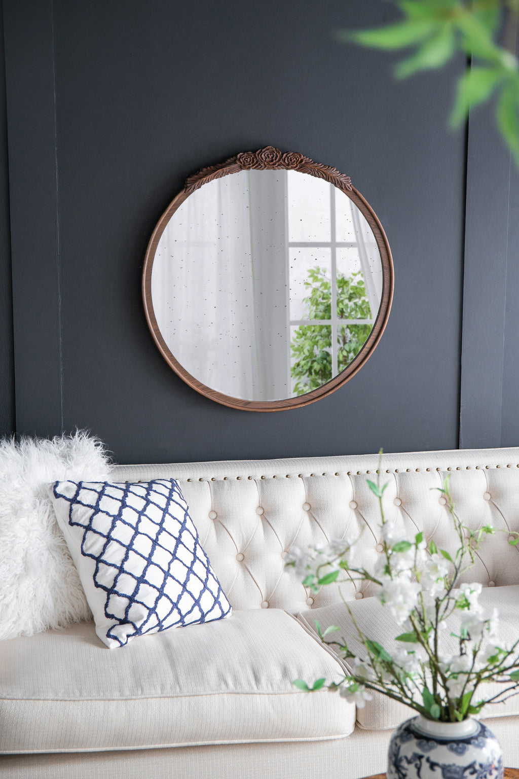 30"x30" Round Hand Carved Rose Antique Mirror Frame