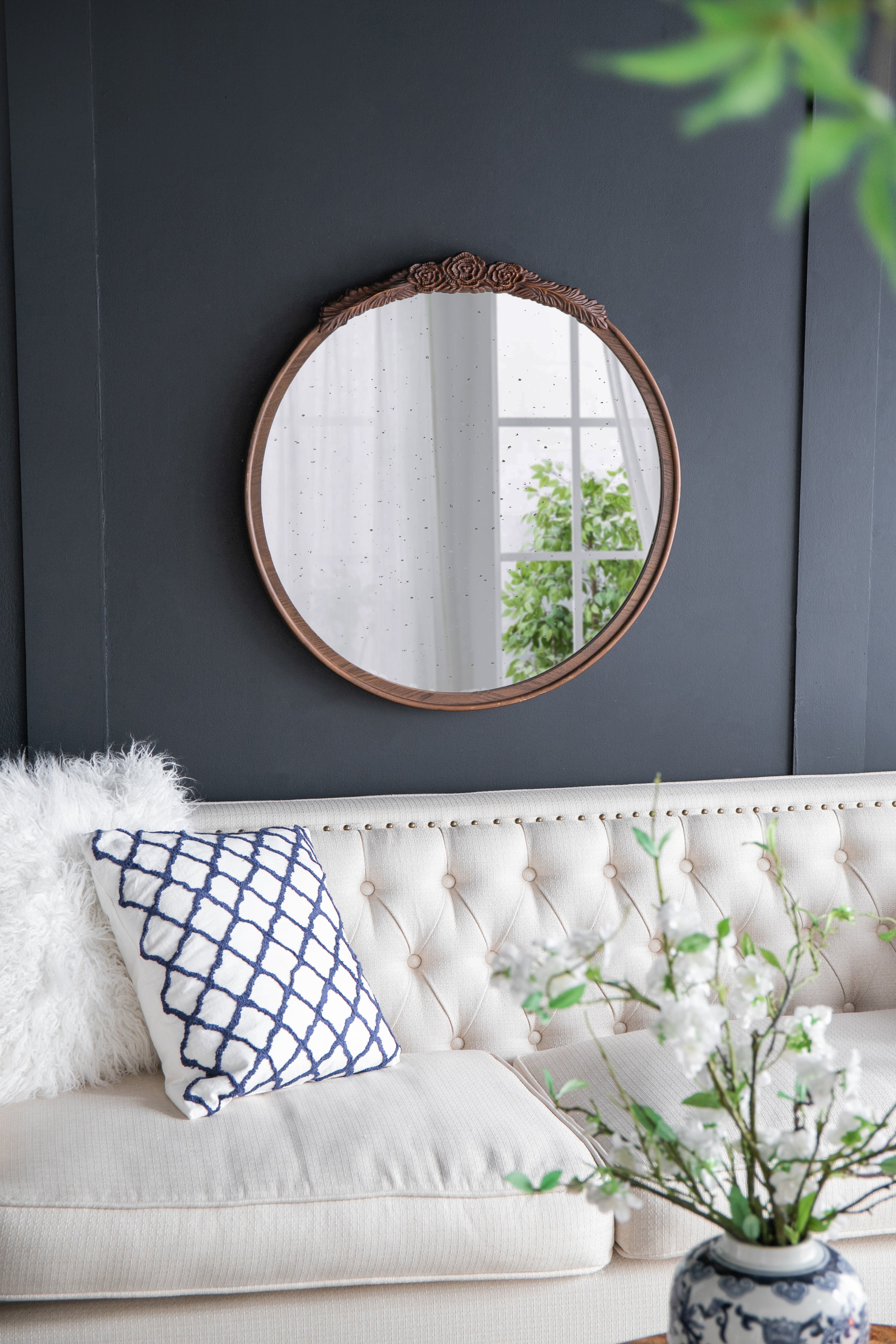 30"x30" Round Hand Carved Rose Antique Mirror Frame