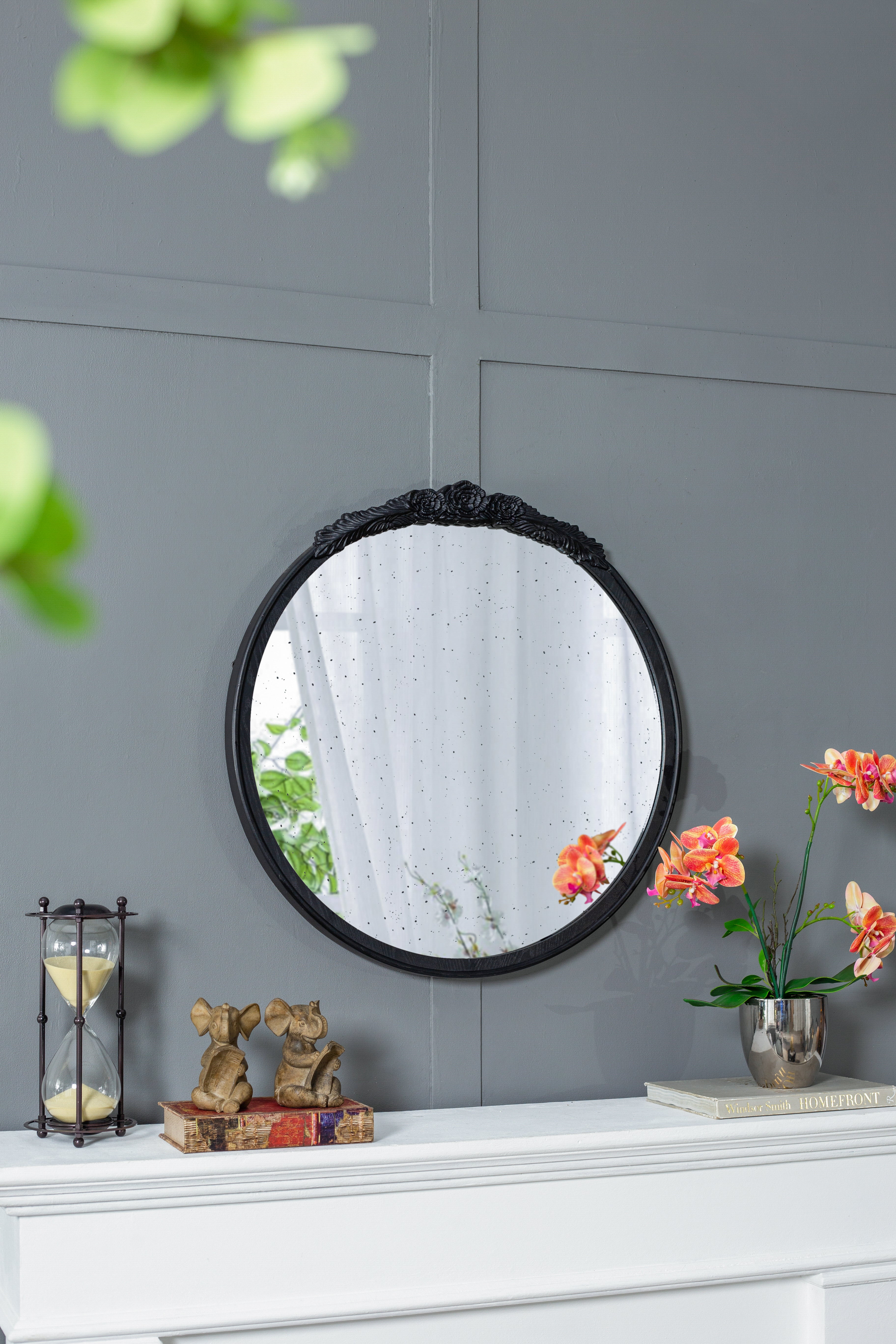 30"x30" Round Hand Carved Rose Antique Mirror Frame