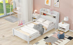 Wood Twin Size Platform Bed with Built-in LED Light, Storage Headboard and Guardrail