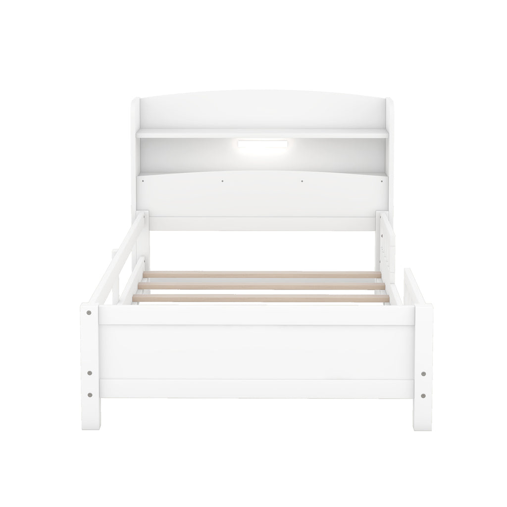 Wood Twin Size Platform Bed with Built-in LED Light, Storage Headboard and Guardrail