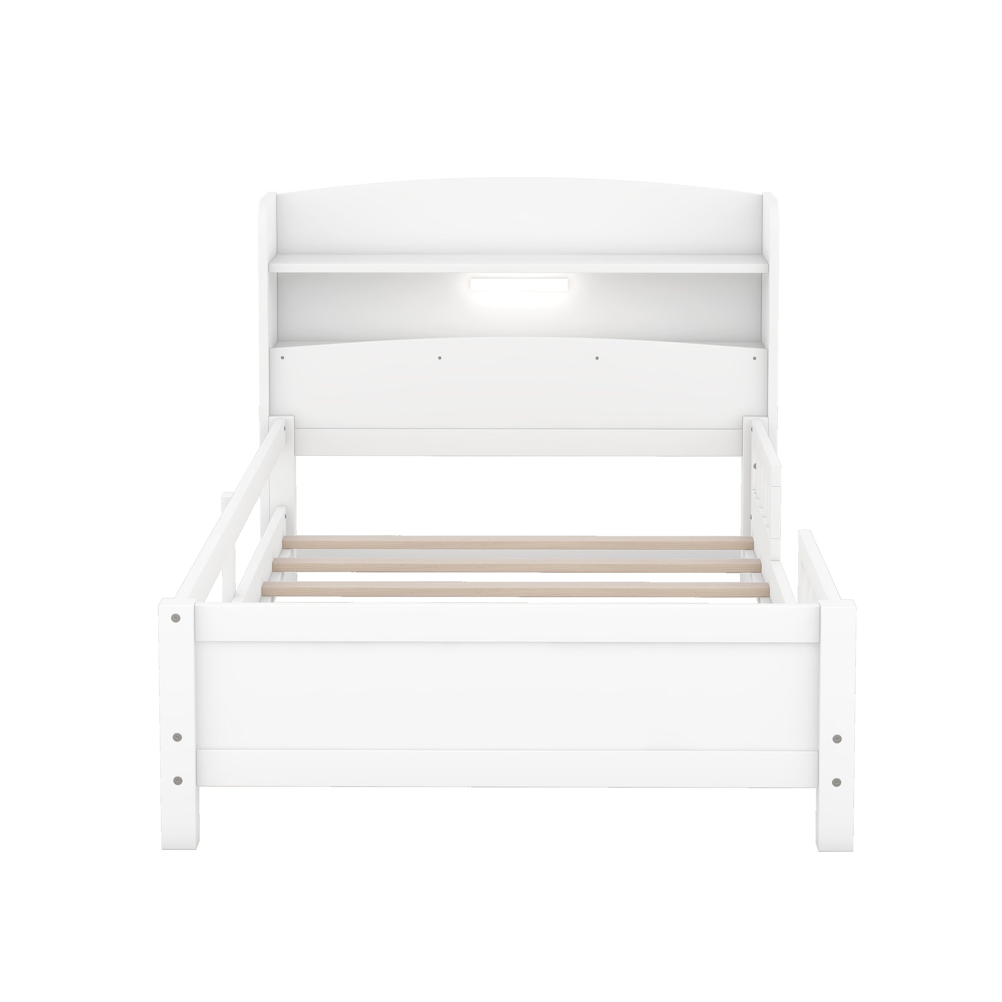 Wood Twin Size Platform Bed with Built-in LED Light, Storage Headboard and Guardrail