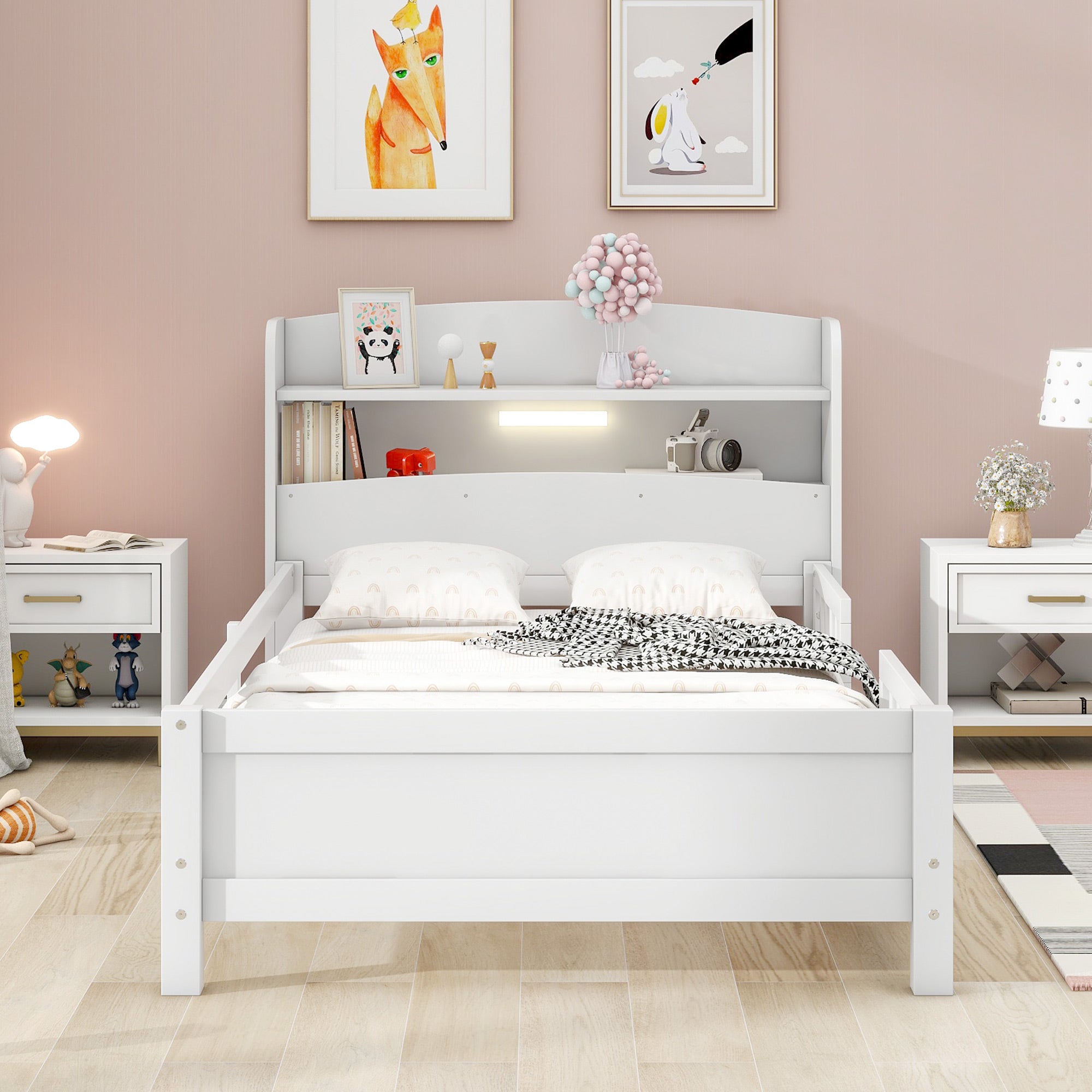 Wood Twin Size Platform Bed with Built-in LED Light, Storage Headboard and Guardrail