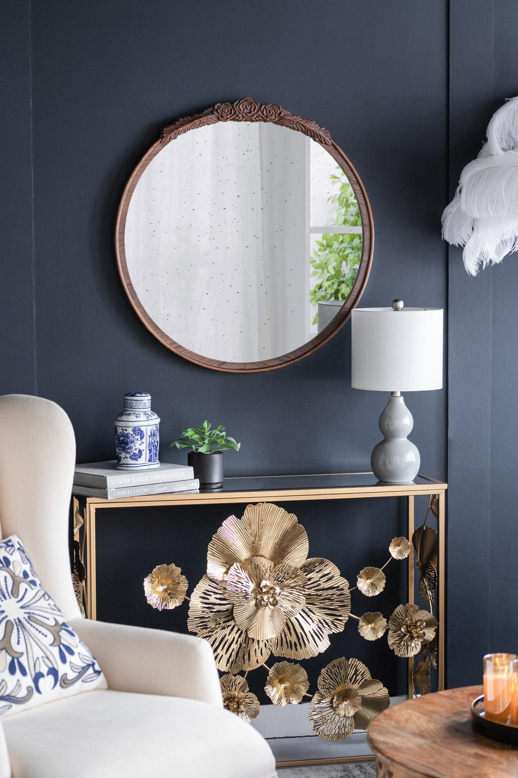30"x30" Round Hand Carved Rose Antique Mirror Frame