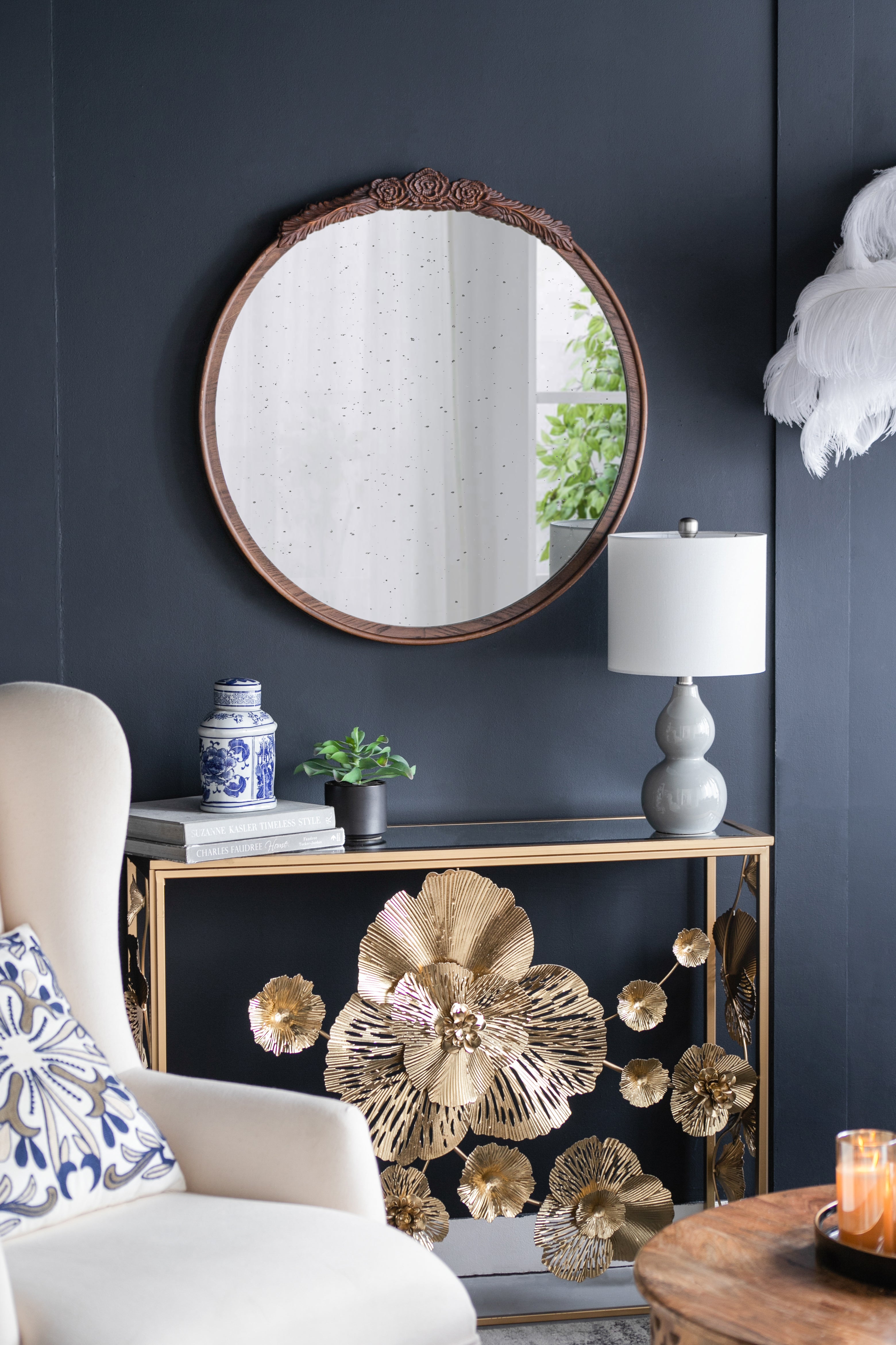 30"x30" Round Hand Carved Rose Antique Mirror Frame
