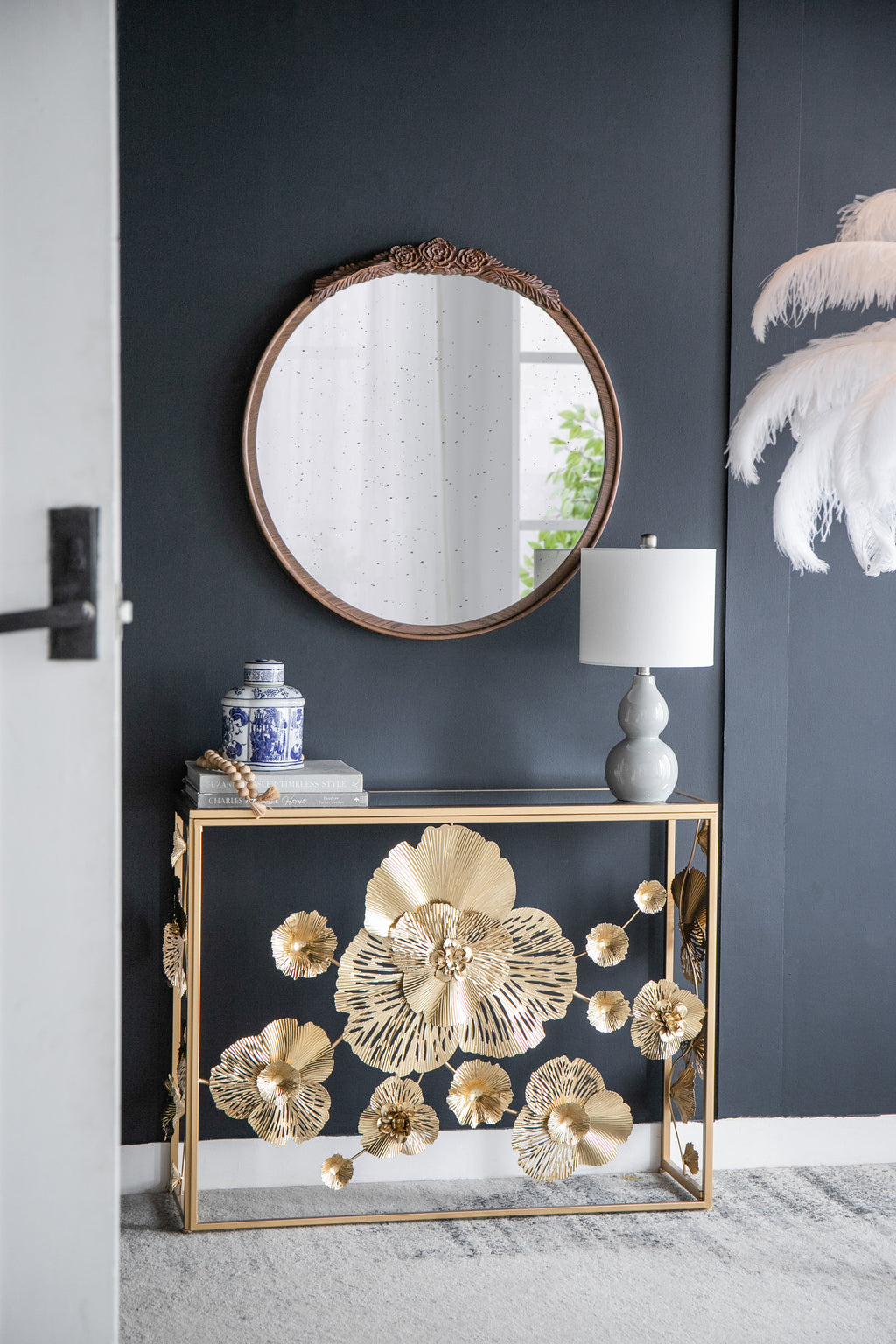 30"x30" Round Hand Carved Rose Antique Mirror Frame