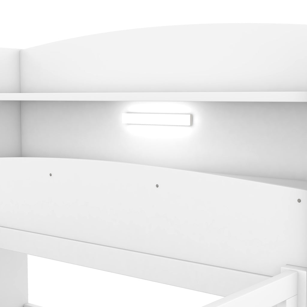 Wood Twin Size Platform Bed with Built-in LED Light, Storage Headboard and Guardrail
