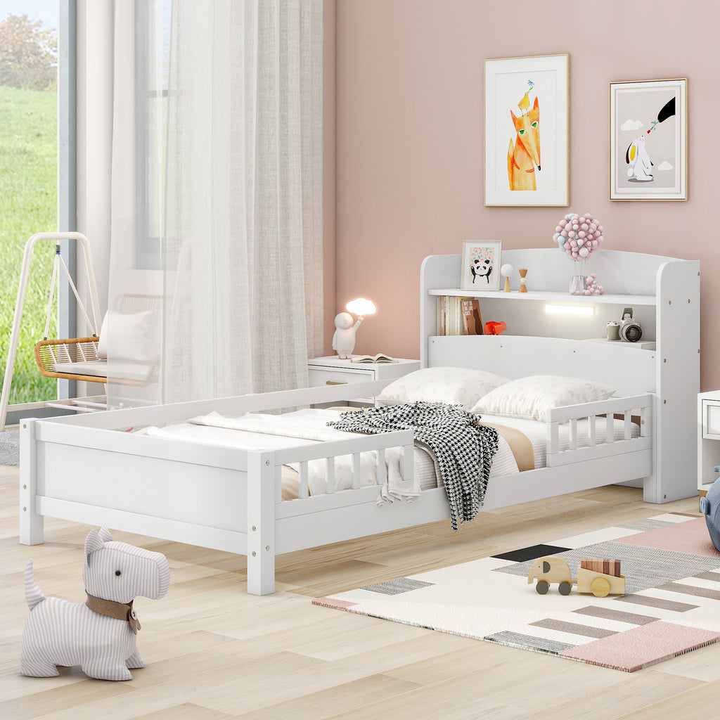 Wood Twin Size Platform Bed with Built-in LED Light, Storage Headboard and Guardrail