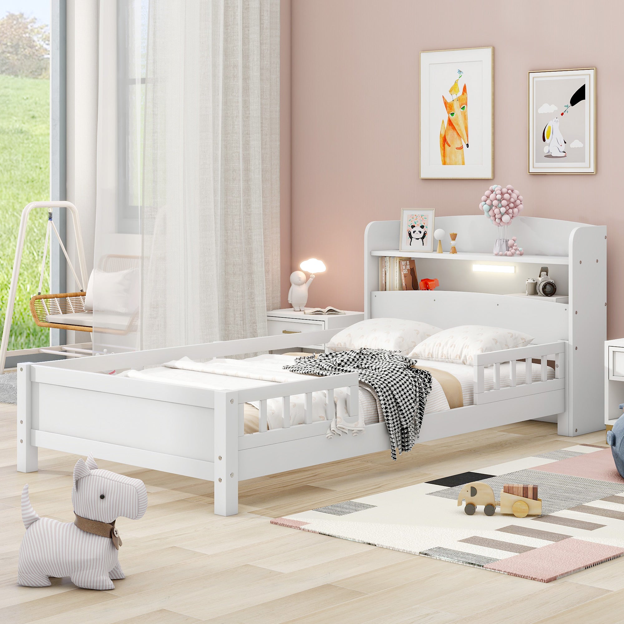 Wood Twin Size Platform Bed with Built-in LED Light, Storage Headboard and Guardrail
