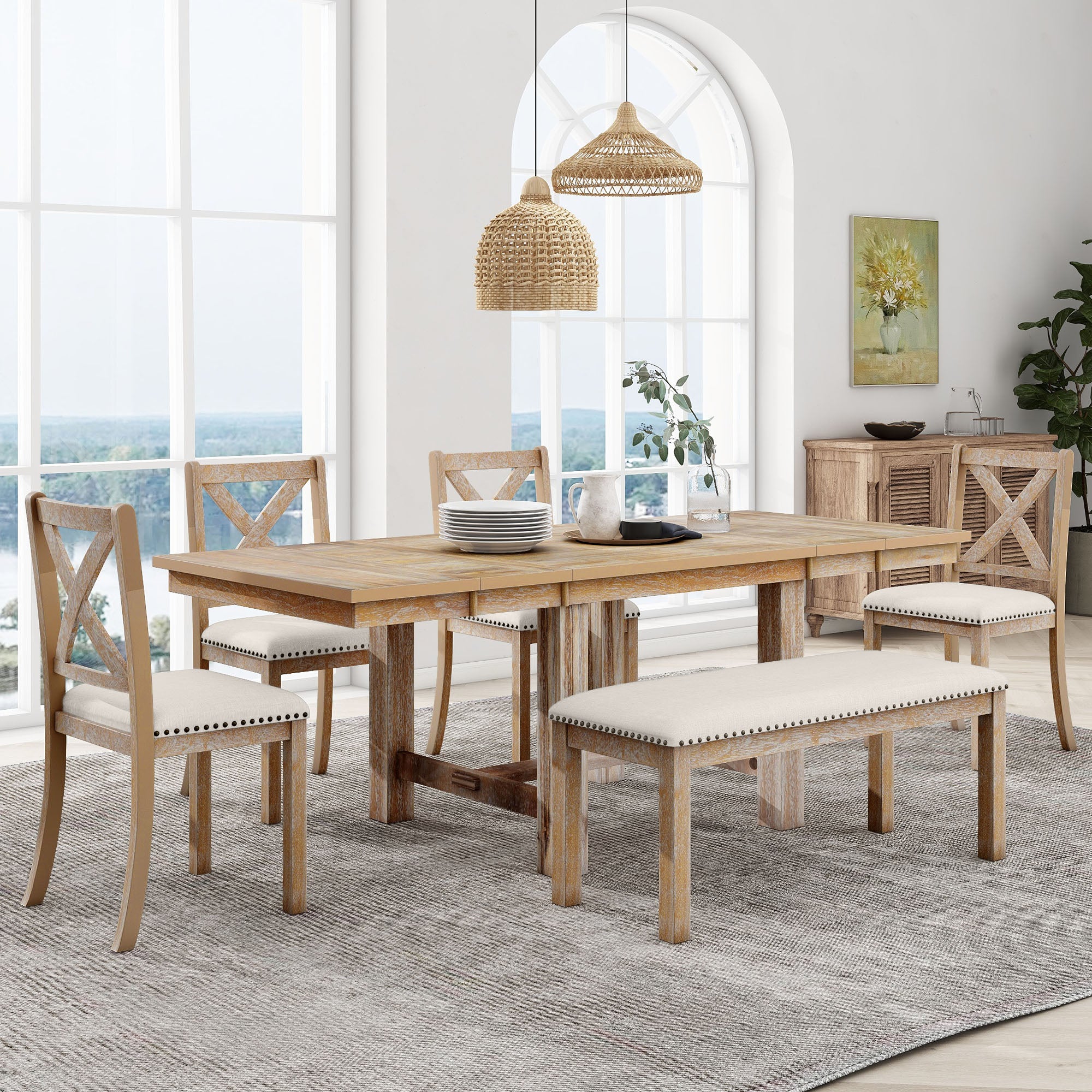 TOPMAX Farmhouse 82-Inch 6-Piece Extendable Dining Set