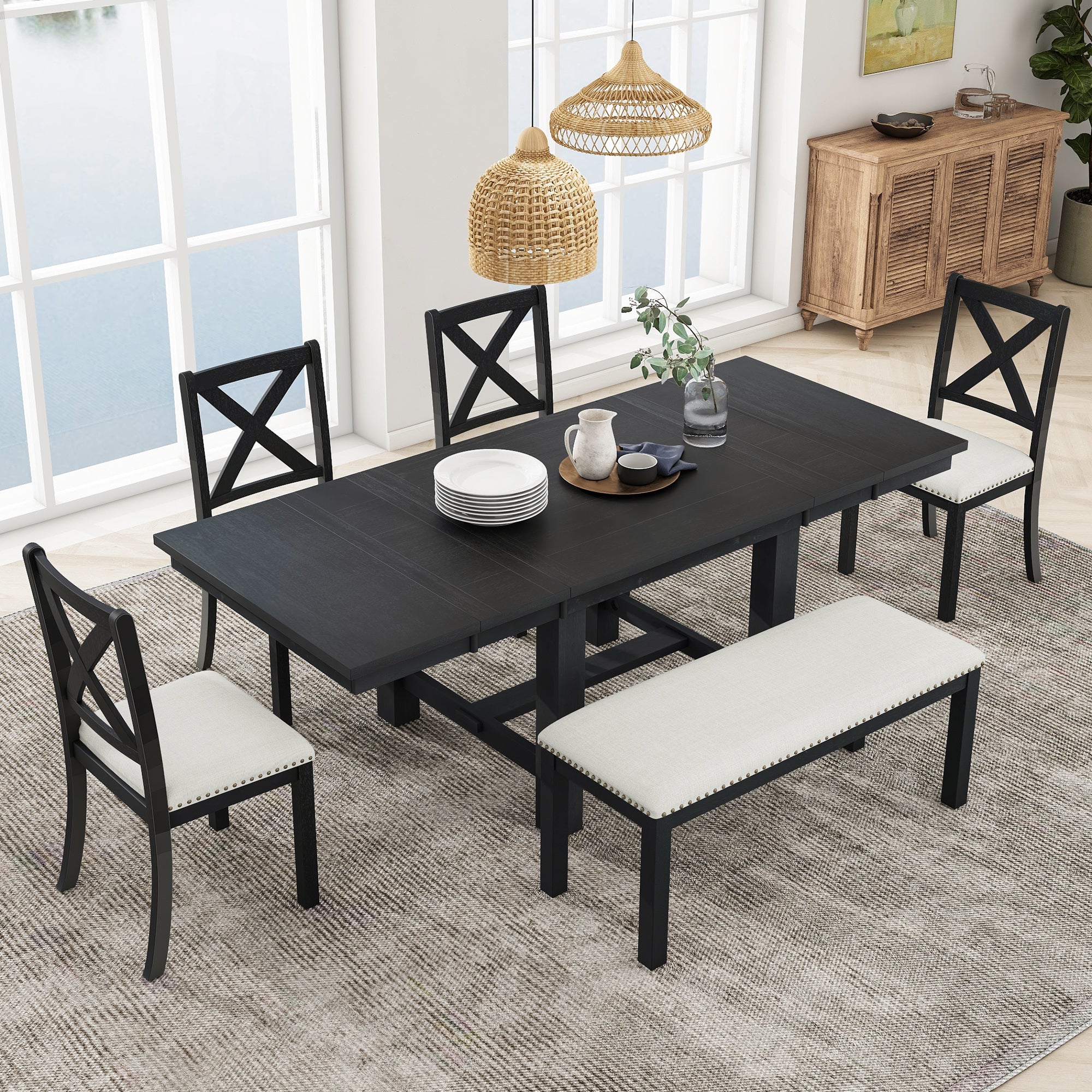 TOPMAX Farmhouse 82-Inch 6-Piece Extendable Dining Set