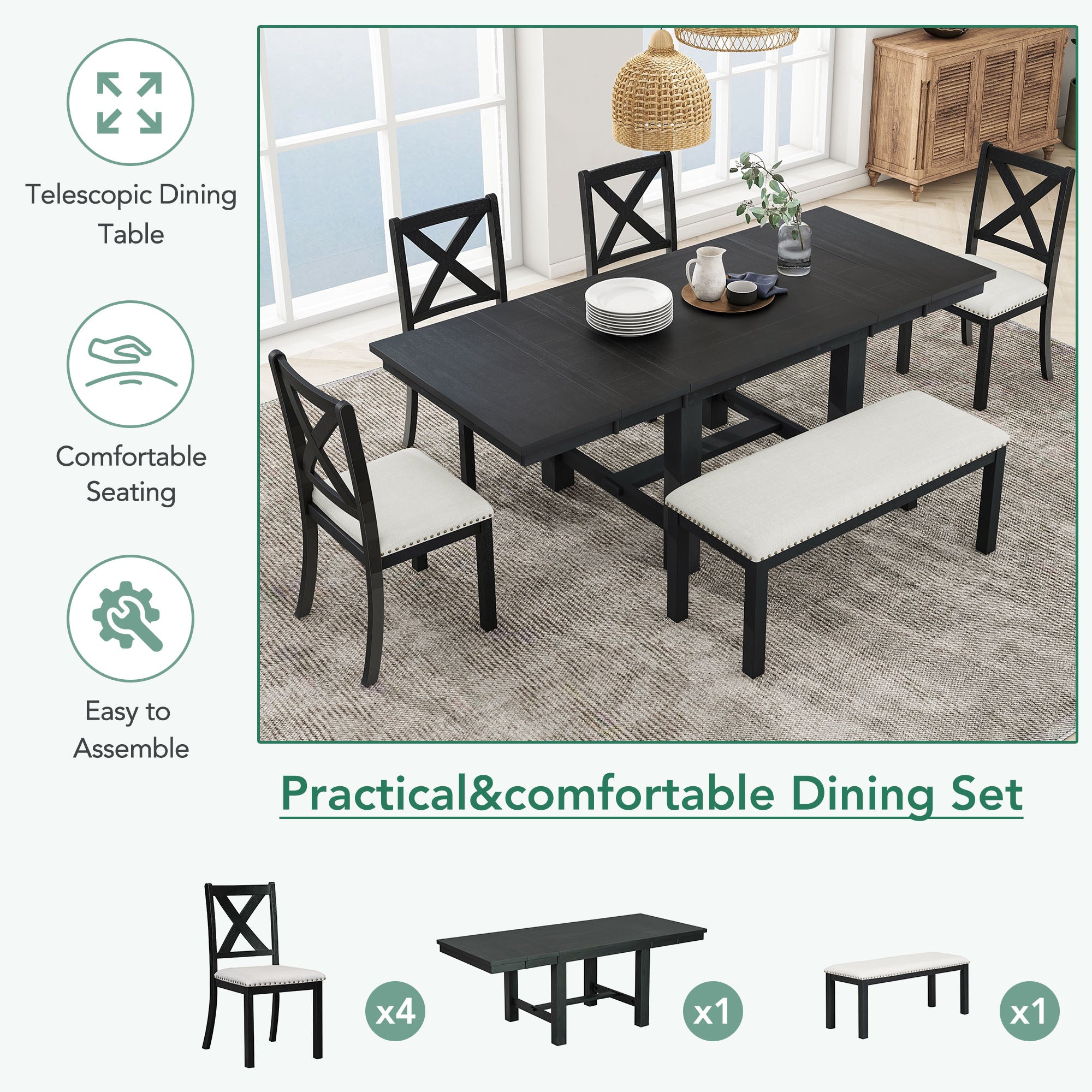TOPMAX Farmhouse 82-Inch 6-Piece Extendable Dining Set